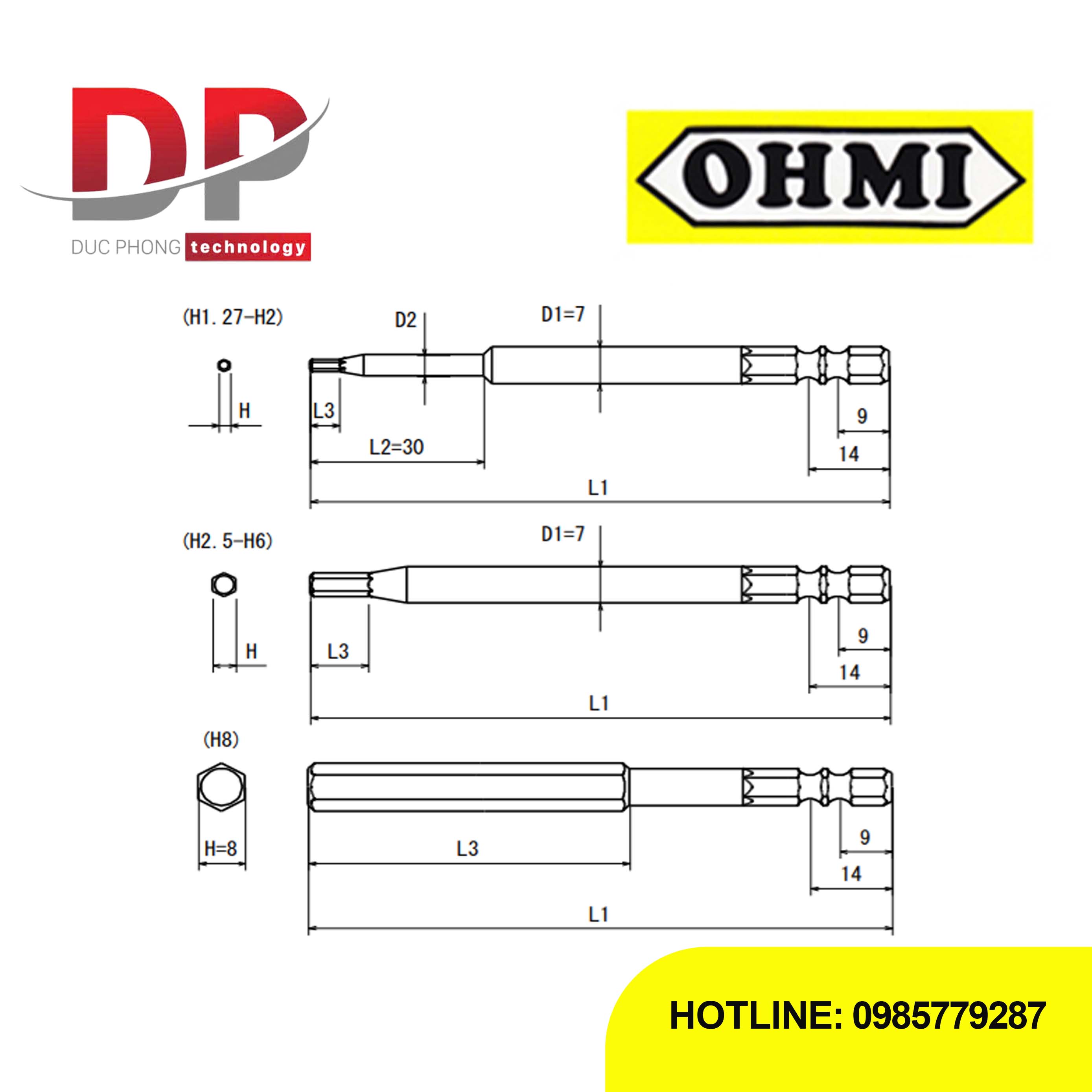 Mũi vặn vít ổ lục giác Ohmi VH-32X H2.5x7x70