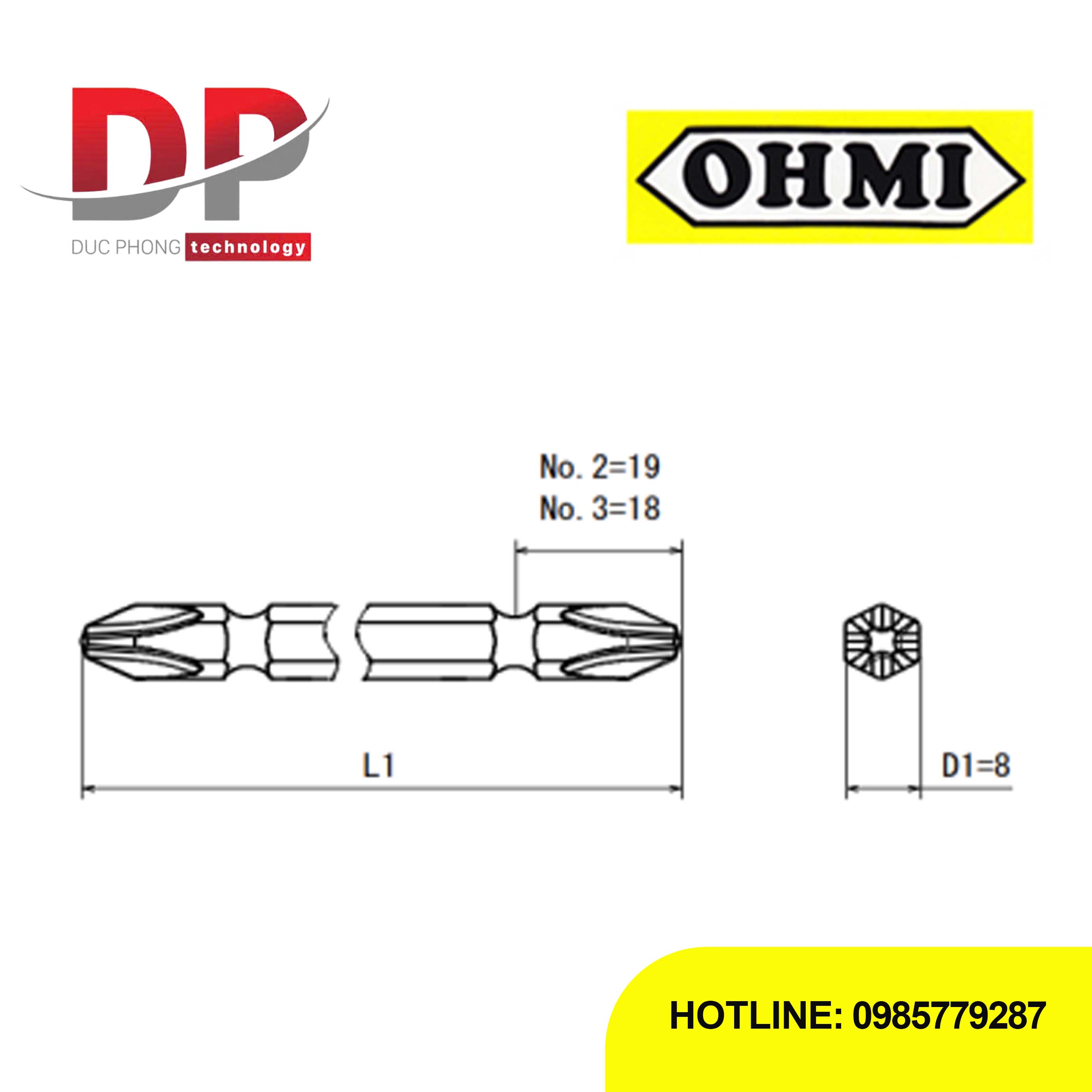Mũi vít bake 2 đầu chuôi gài 8mm OHMI V-24W No.2x8x65