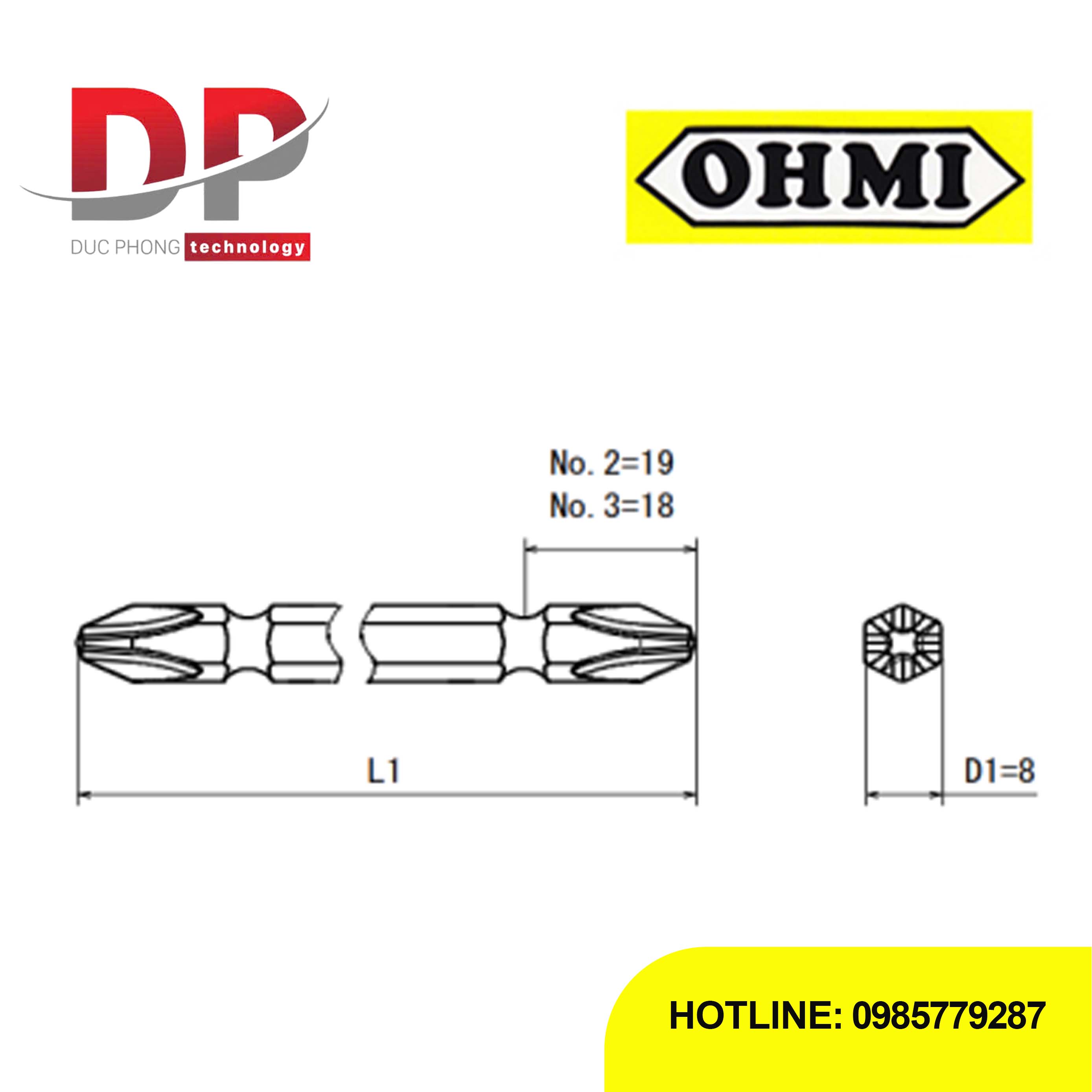 Mũi vít bake 2 đầu chuôi gài phi 8 OHMI V-24W No.2x8x110