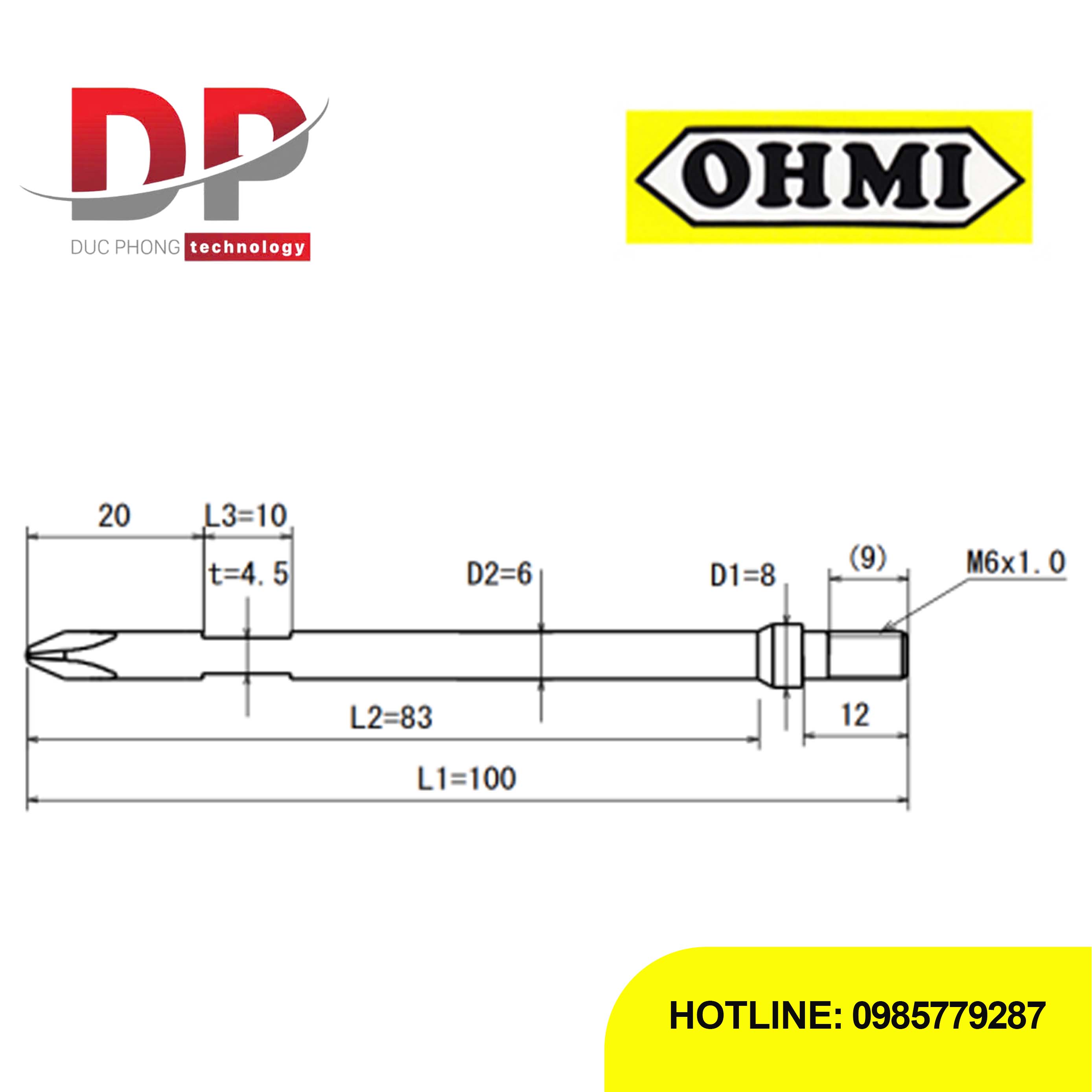Mũi vít bake chuôi gài ren M6 OHMI HV-46 No.2x8x100(6x83)