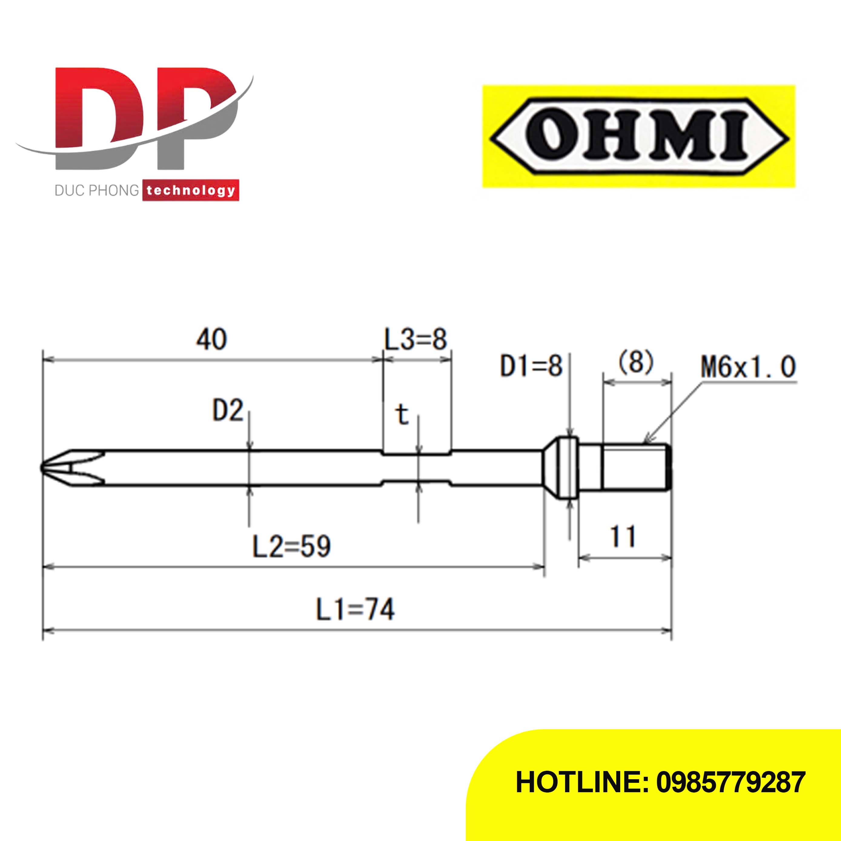 Mũi vít bake chuôi gài ren M6 OHMI MV-46 No.1x8x74(3.2x59) SS