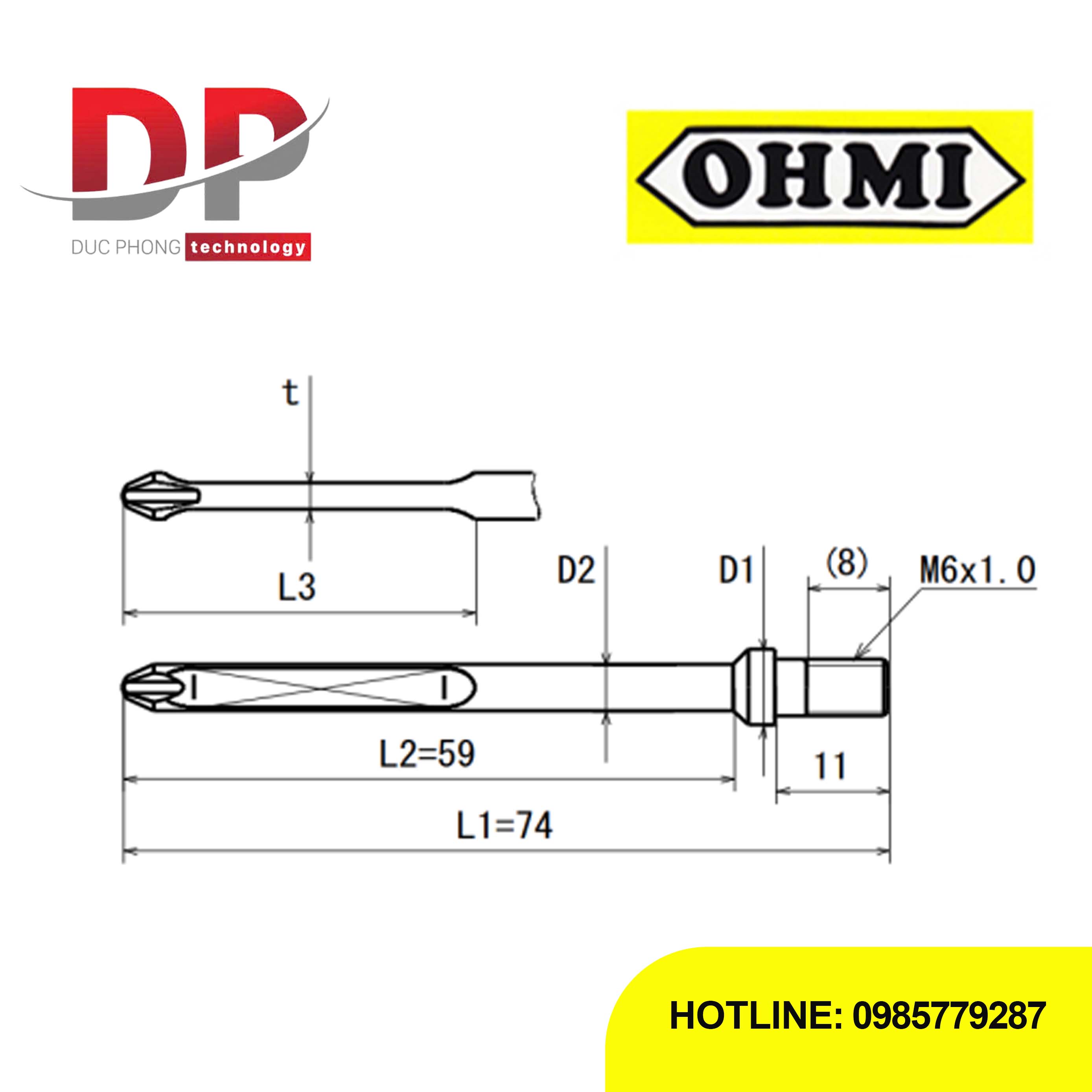 Mũi vít bake chuôi gài ren M6 OHMI MV-46 No.2x7x74(6x59) LL SS