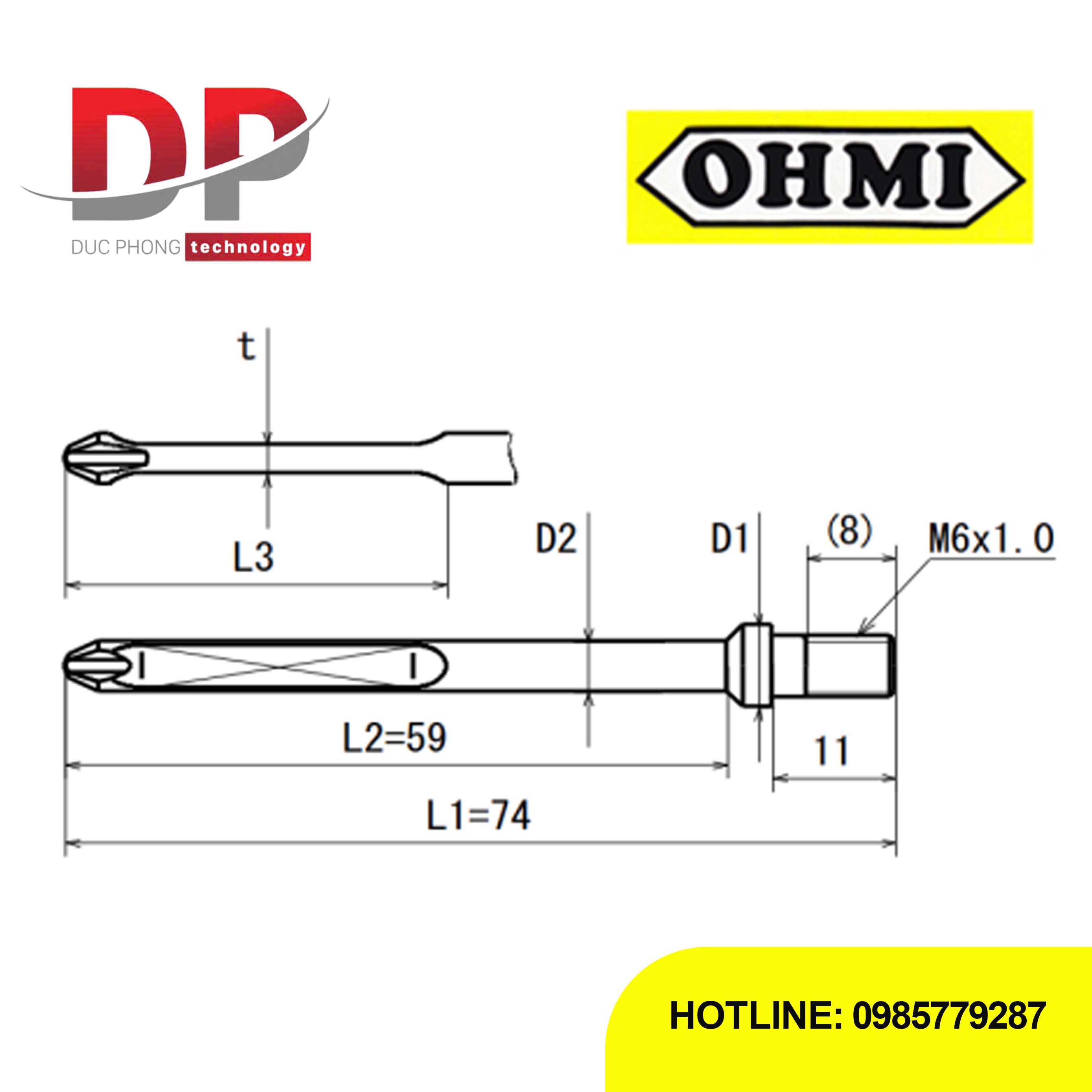 Mũi vít bake chuôi gài ren M6 OHMI MV-46 No.2x8x74(6x59) LL SS