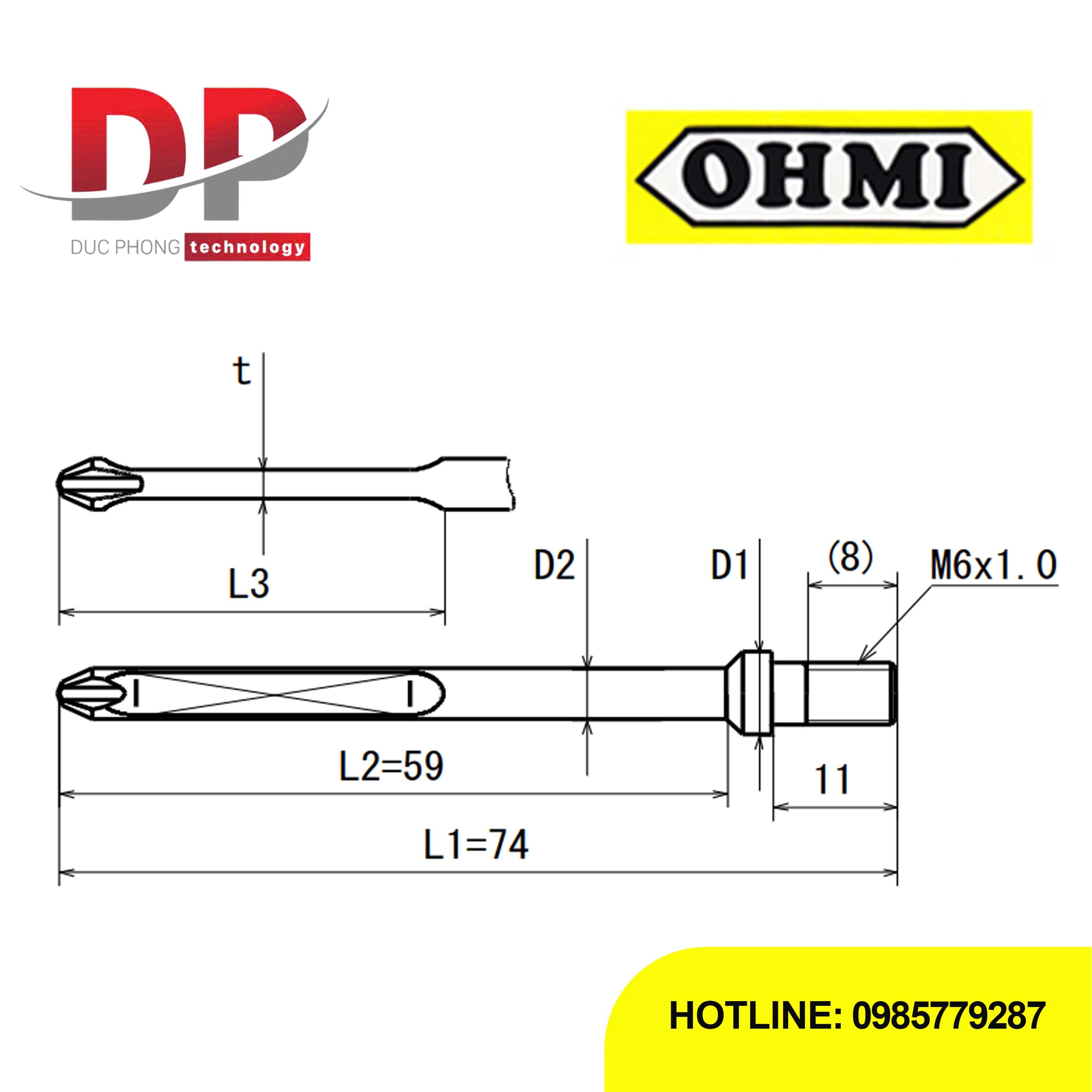 Mũi vít bake chuôi gài ren M6 OHMI MV-46 No.2x8x74(5x59) SS