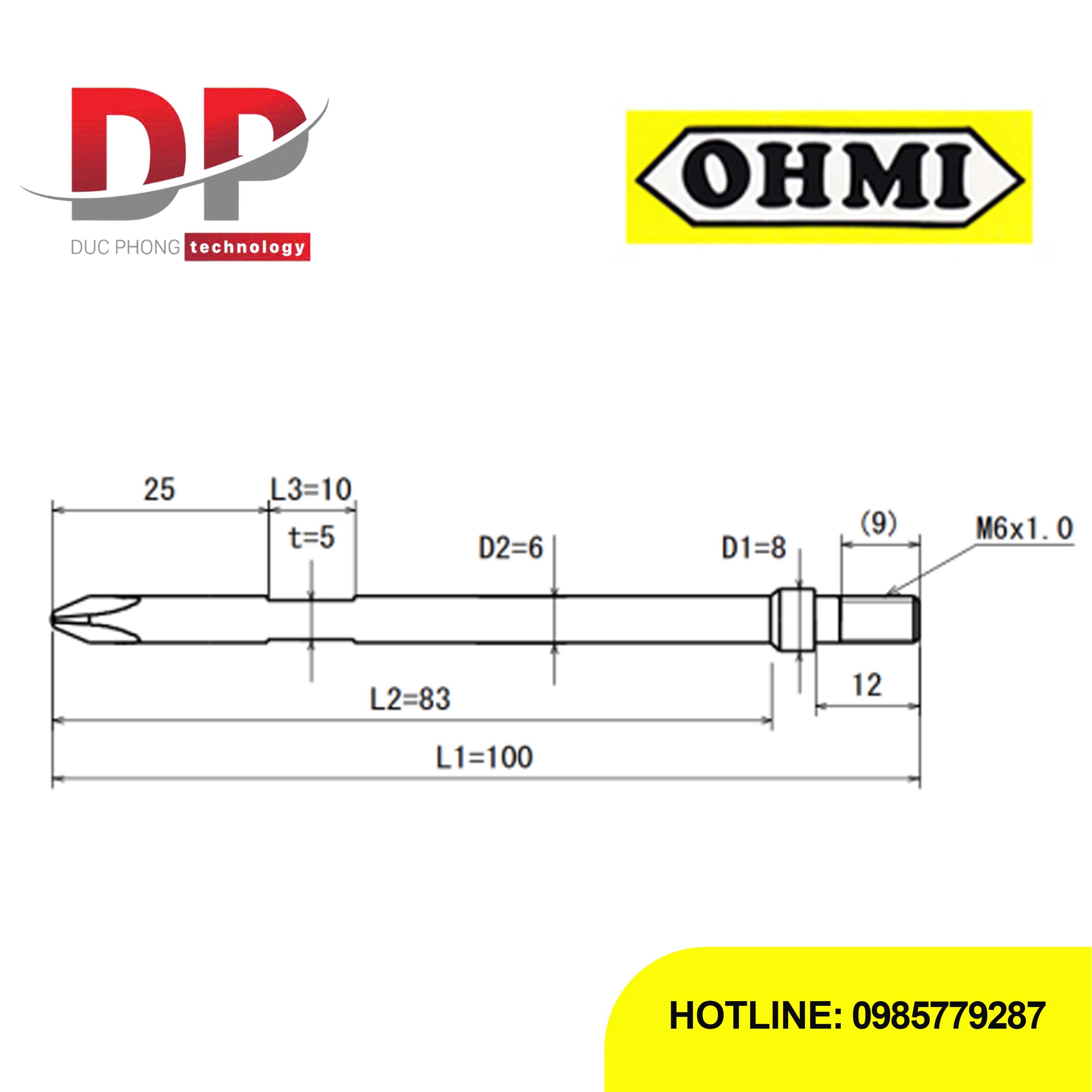 Mũi vít bake chuôi gài ren M6 OHMI NV-46 No.2x8x100(6x83) LL SS