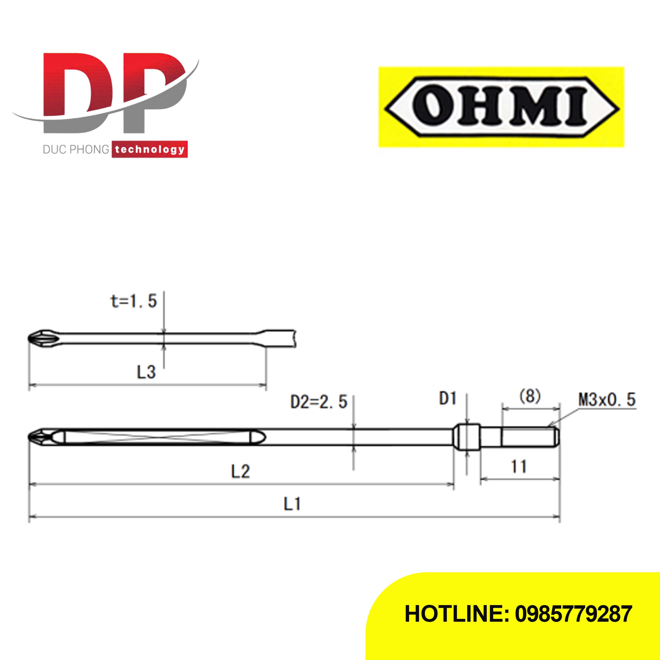 Mũi vít bake chuôi gài ren OHMI MV-43 No.0x4x74(2.5x59)