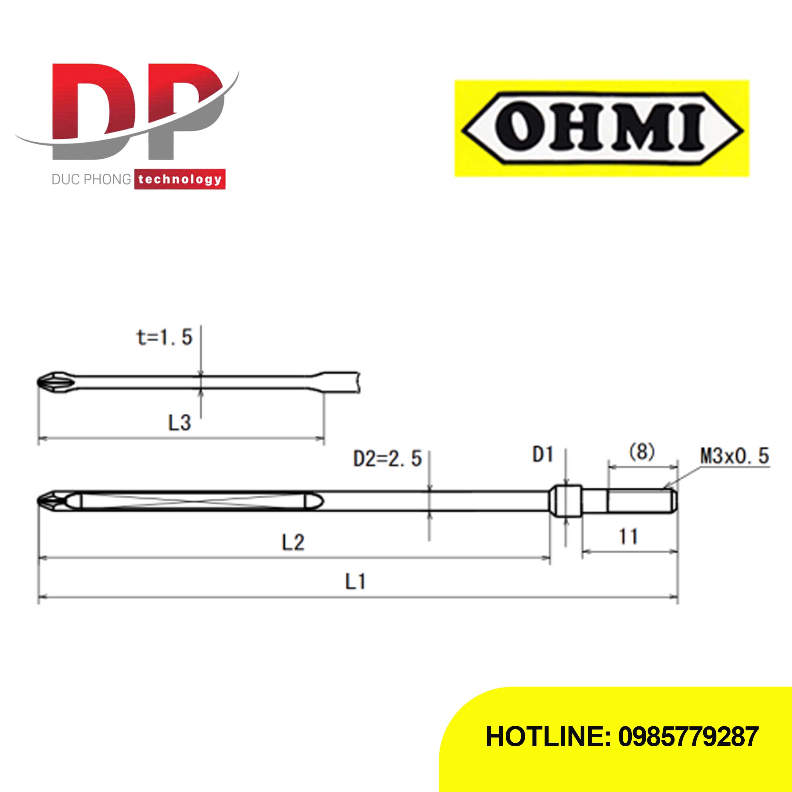 Mũi vít bake chuôi gài ren OHMI MV-43 No.0x5x57(2.5x42) SS