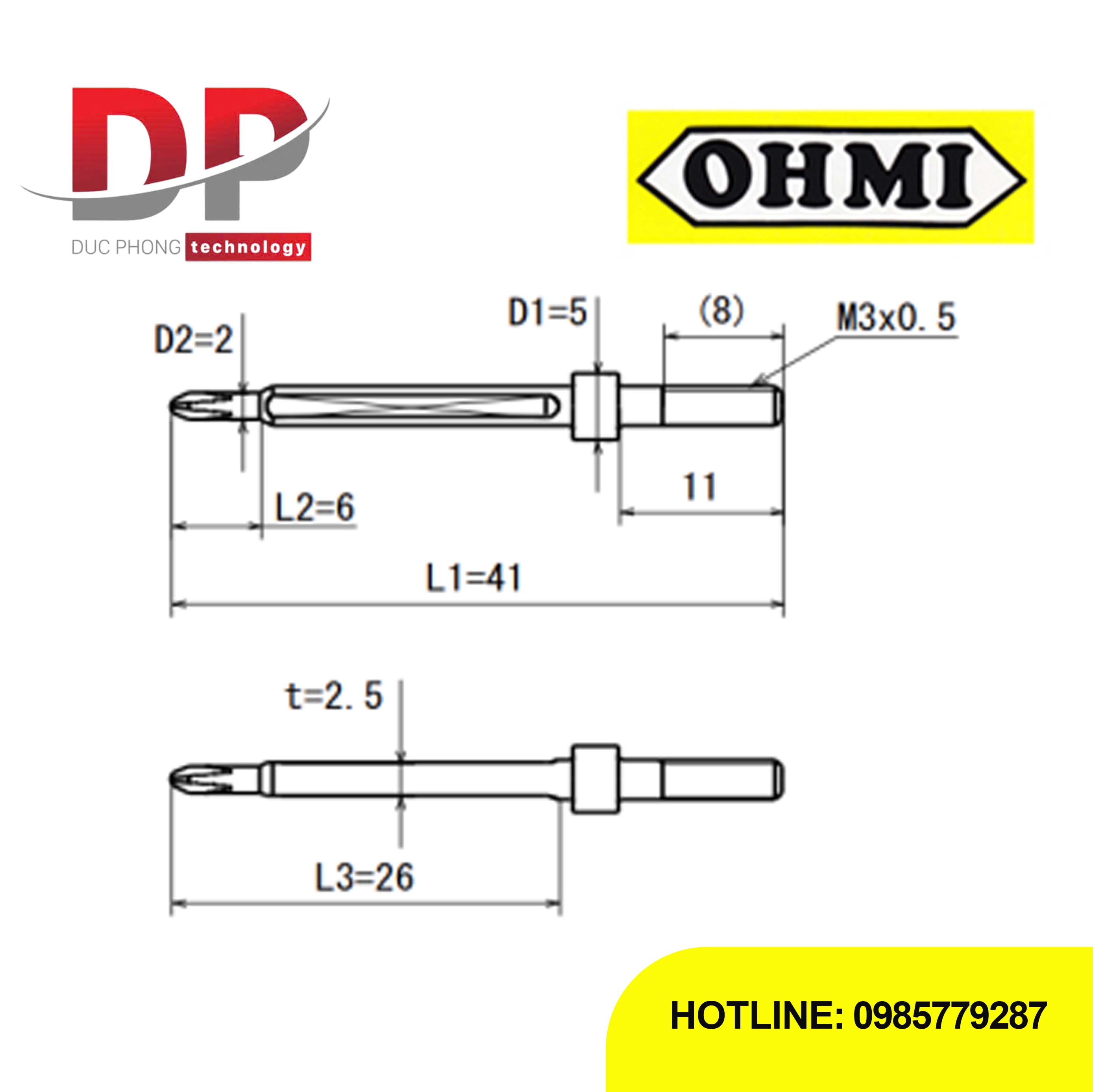 Mũi vít chuôi gài ren OHMI MV-43 No.0×5×41(2×6,3×27)
