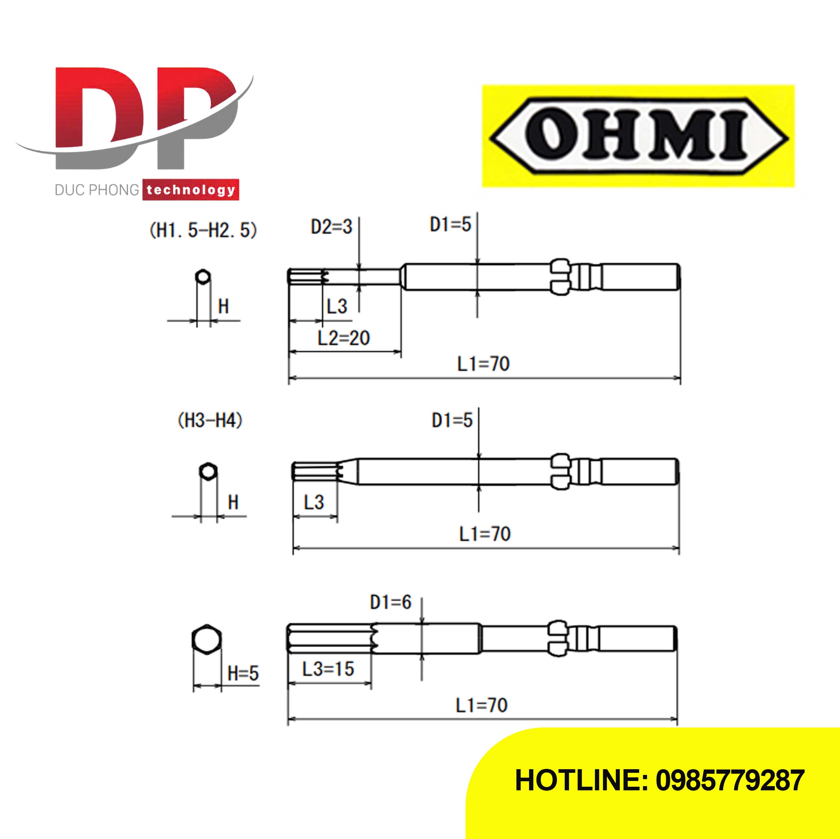 Mũi vặn vít lục giác Ohmi VH-5X H3x5x70