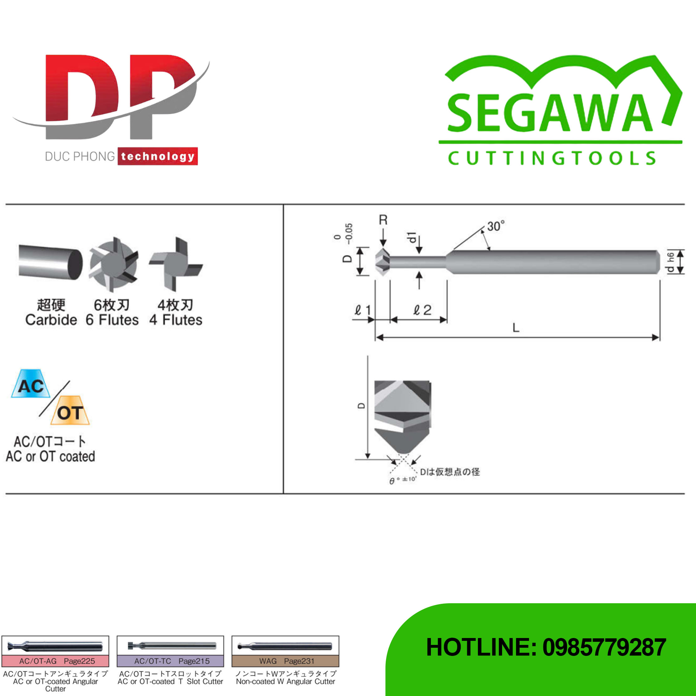 Dao phay góc W AC-WAG-OD và OT-WAG-OD Carbide 4-6 me - Segawa