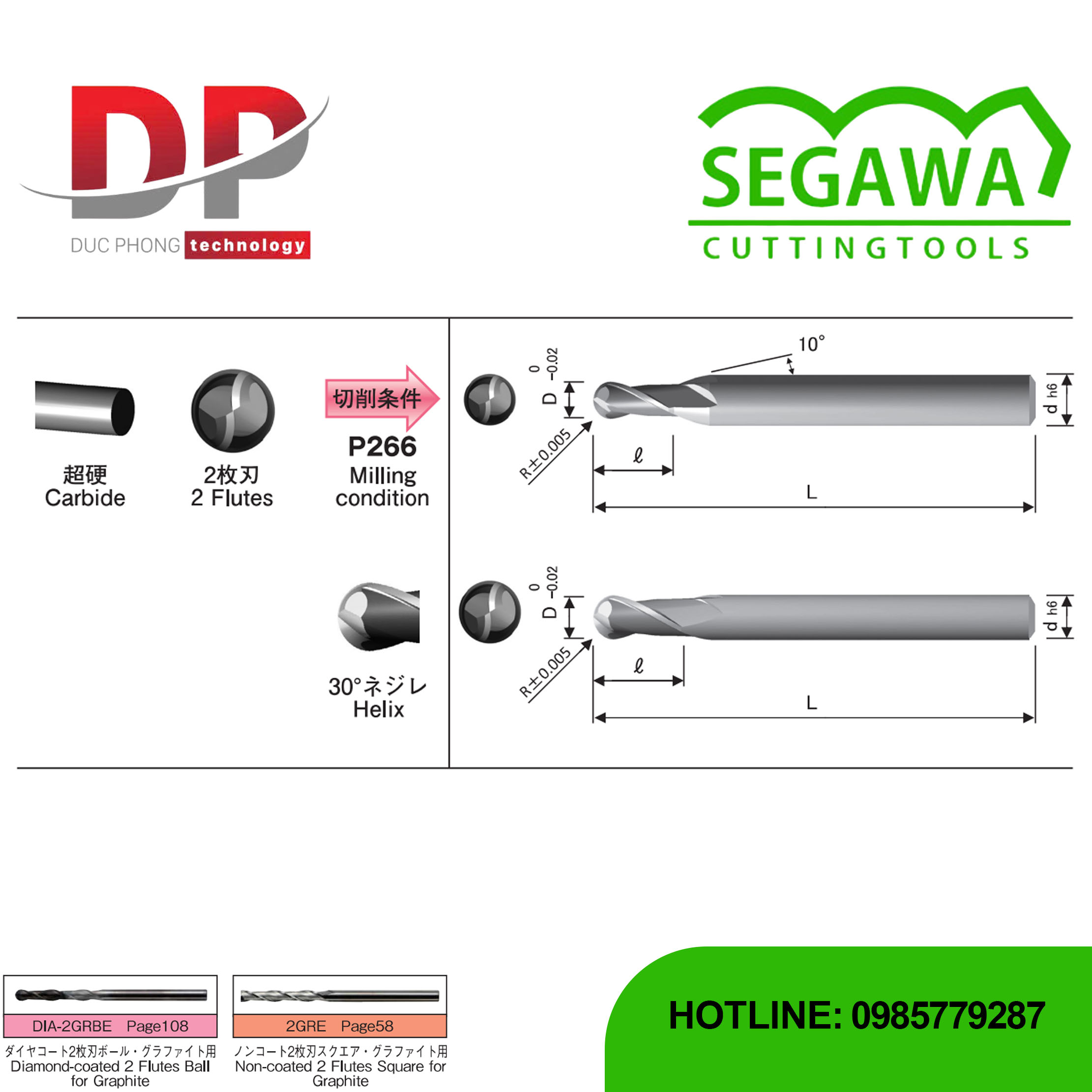 Dao phay ngón 2GRBE đầu cầu Carbide 2 me - Segawa