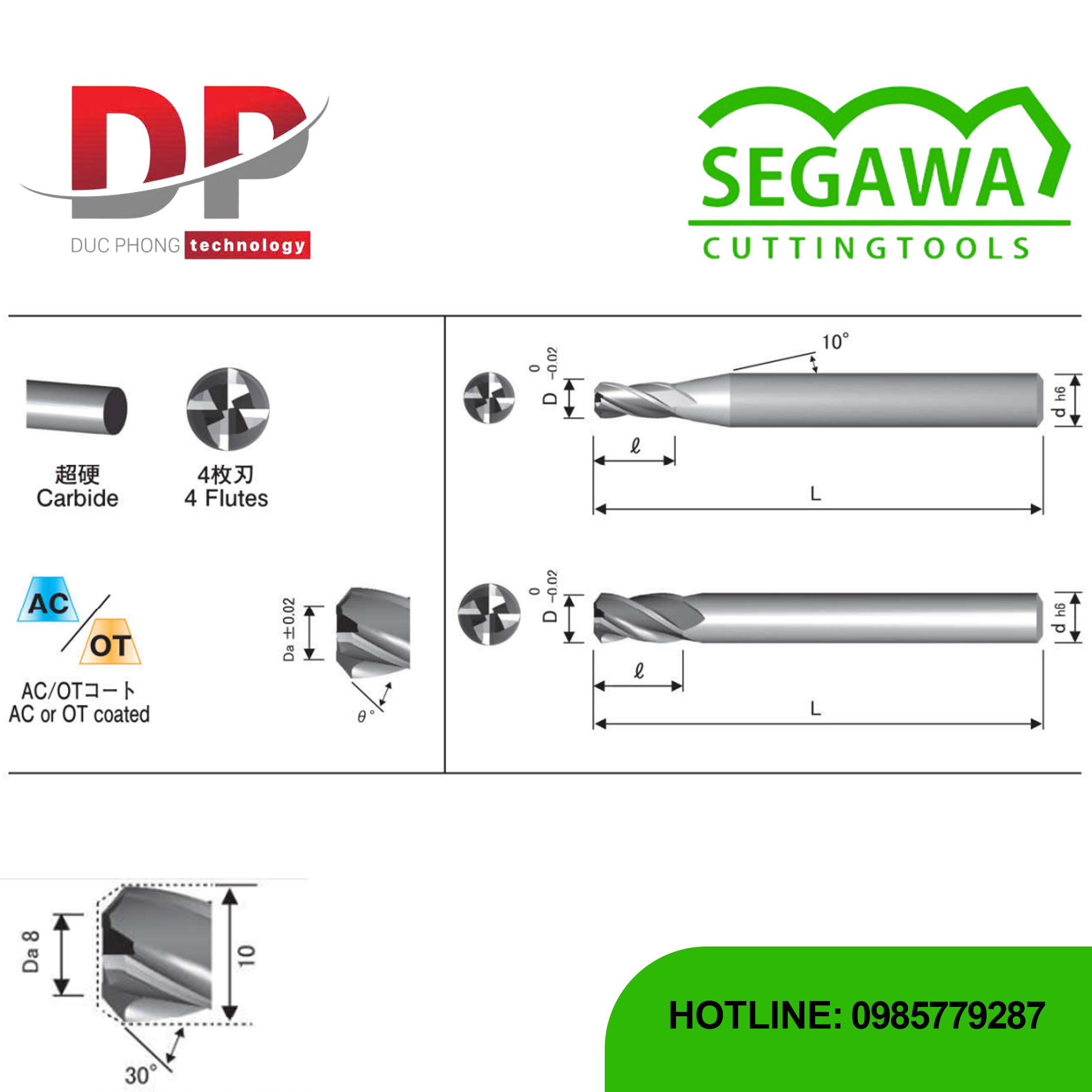 Dao phay ngón 4CER-OD Carbide 4 me - Segawa