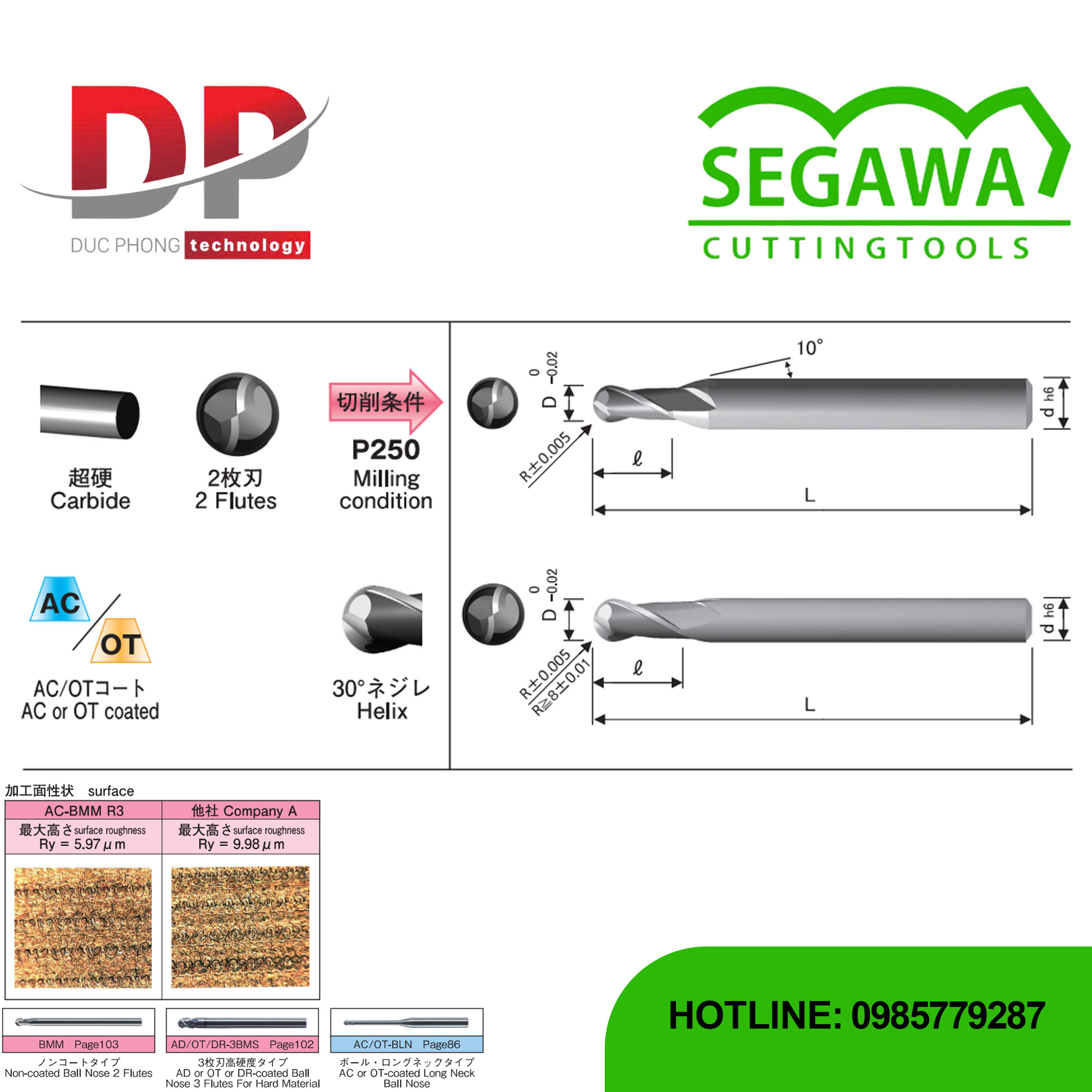 Dao phay ngón AC-BMM và OT-BMM đầu cầu Carbide 2 me - Segawa
