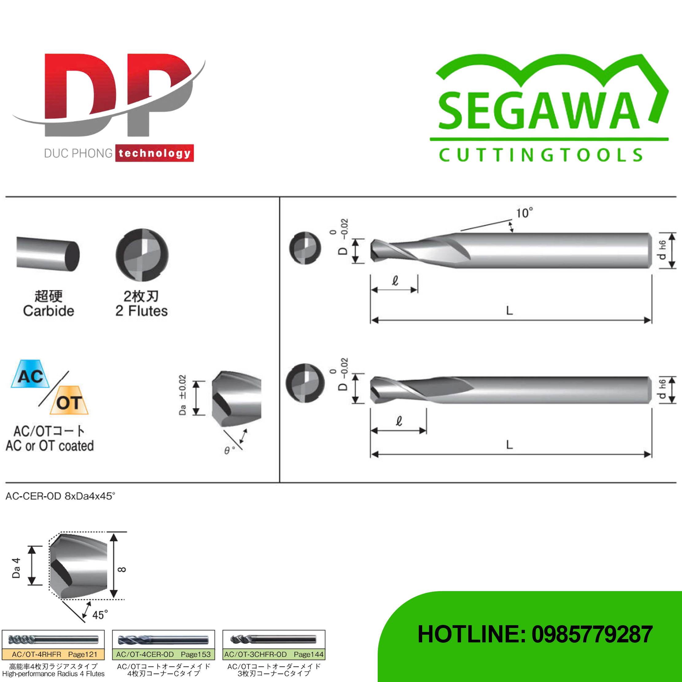 Dao phay ngón AC-CER-OD và OT-CER-OD Carbide 2 me - Segawa