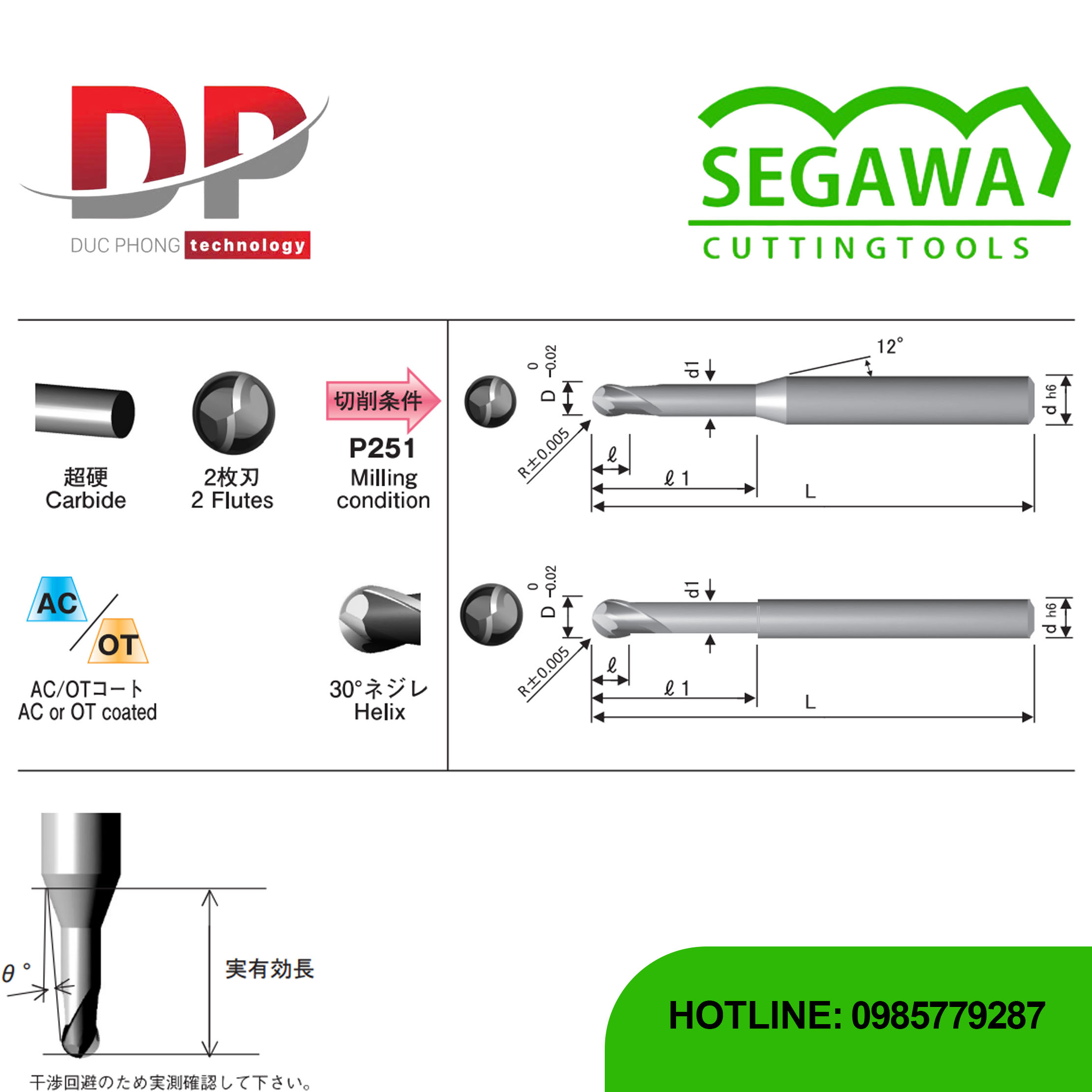 Dao phay ngón AC-ELN và OT-ELN cổ dài Carbide 2 me có phủ AC hoặc OT - Segawa
