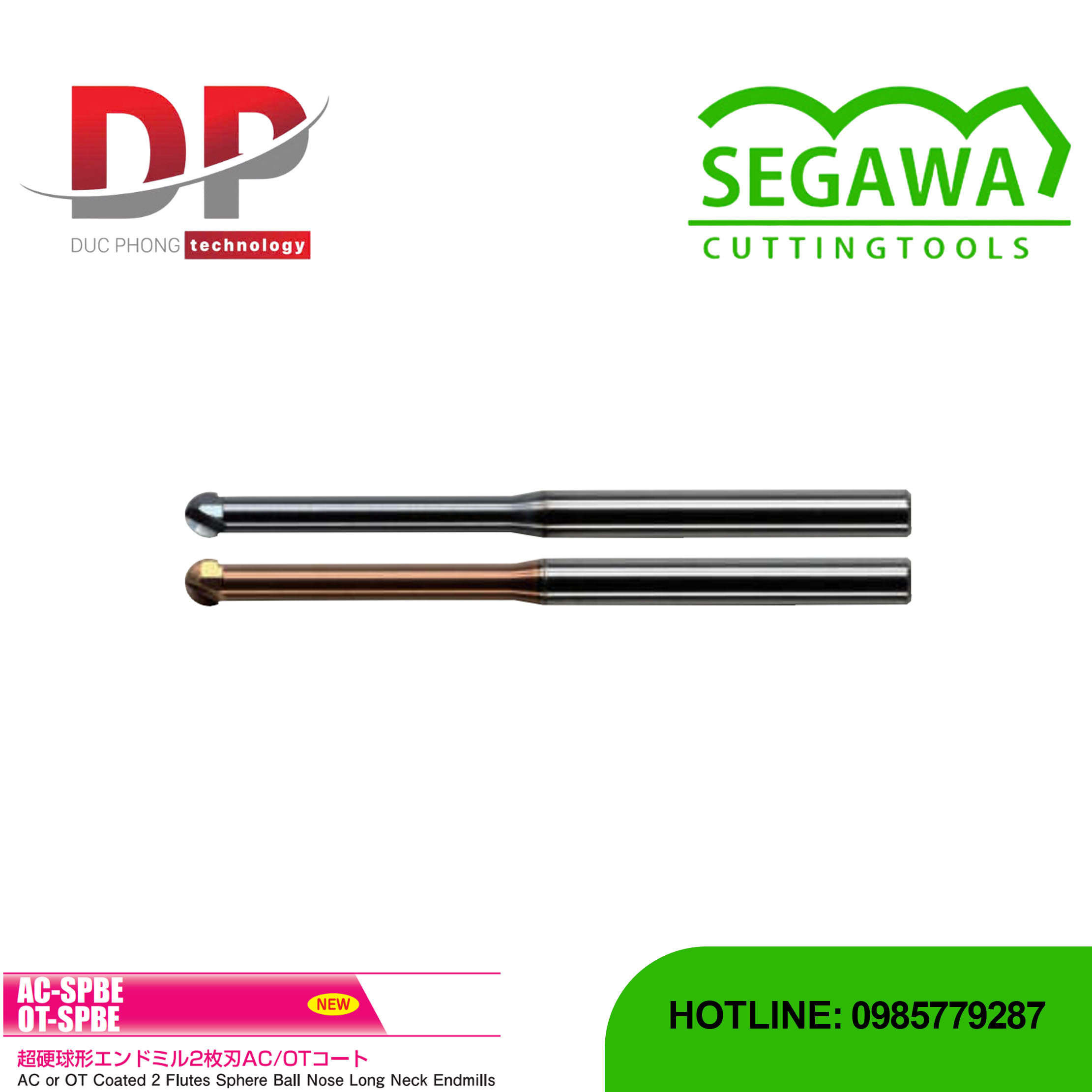 Dao phay ngón AC-SPBE và OT-SPBE đầu cầu cổ dài Carbide 2 me - Segawa
