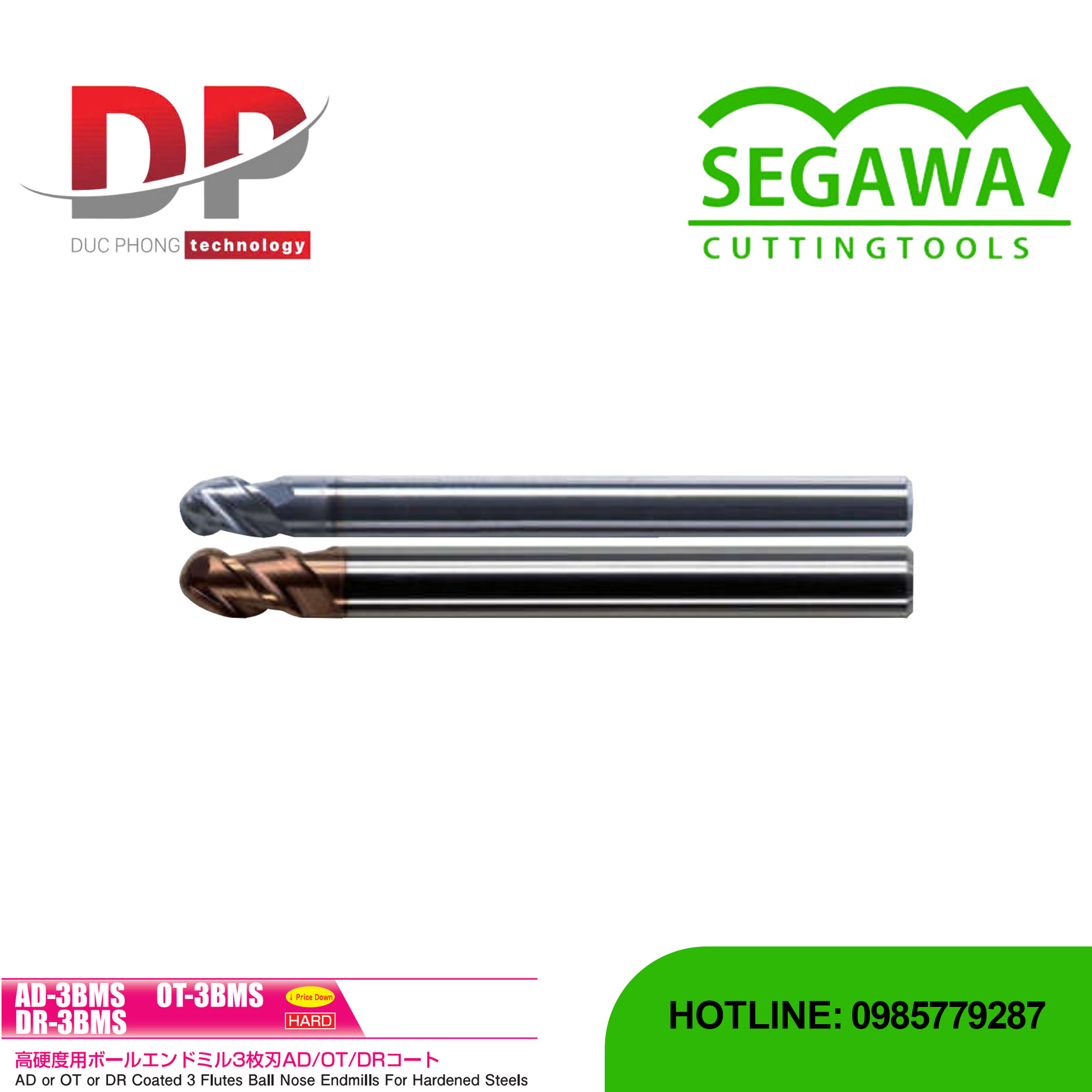 Dao phay ngón AD-3BMS, OT-3BMS và DR-3BMS đầu cầu Carbide 3 me - Segawa