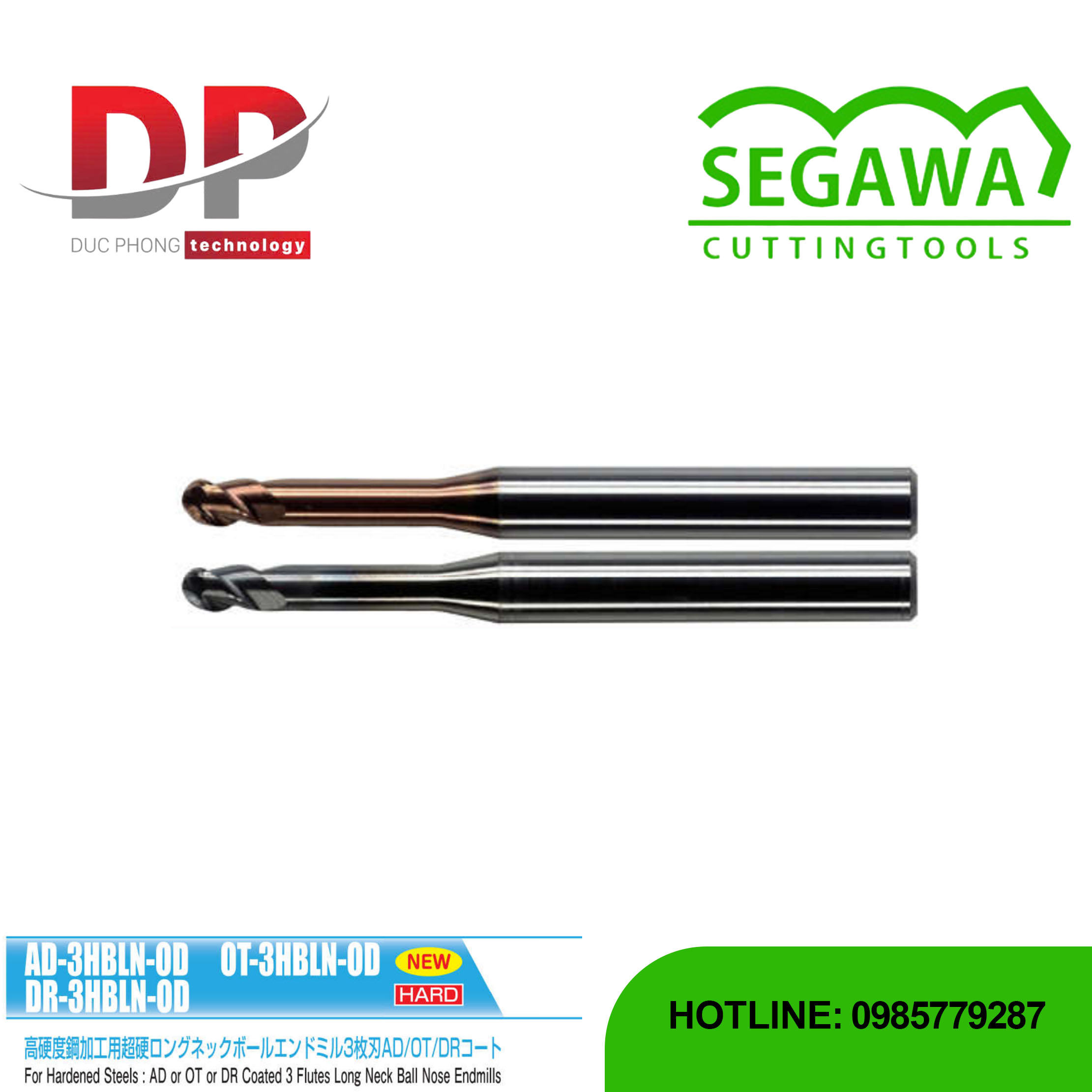 Dao phay ngón AD-3HBLN-OD, OT-3HBLN-OD và DR-3HBLN-OD đầu cầu cổ dài Carbide 3 me - Segawa