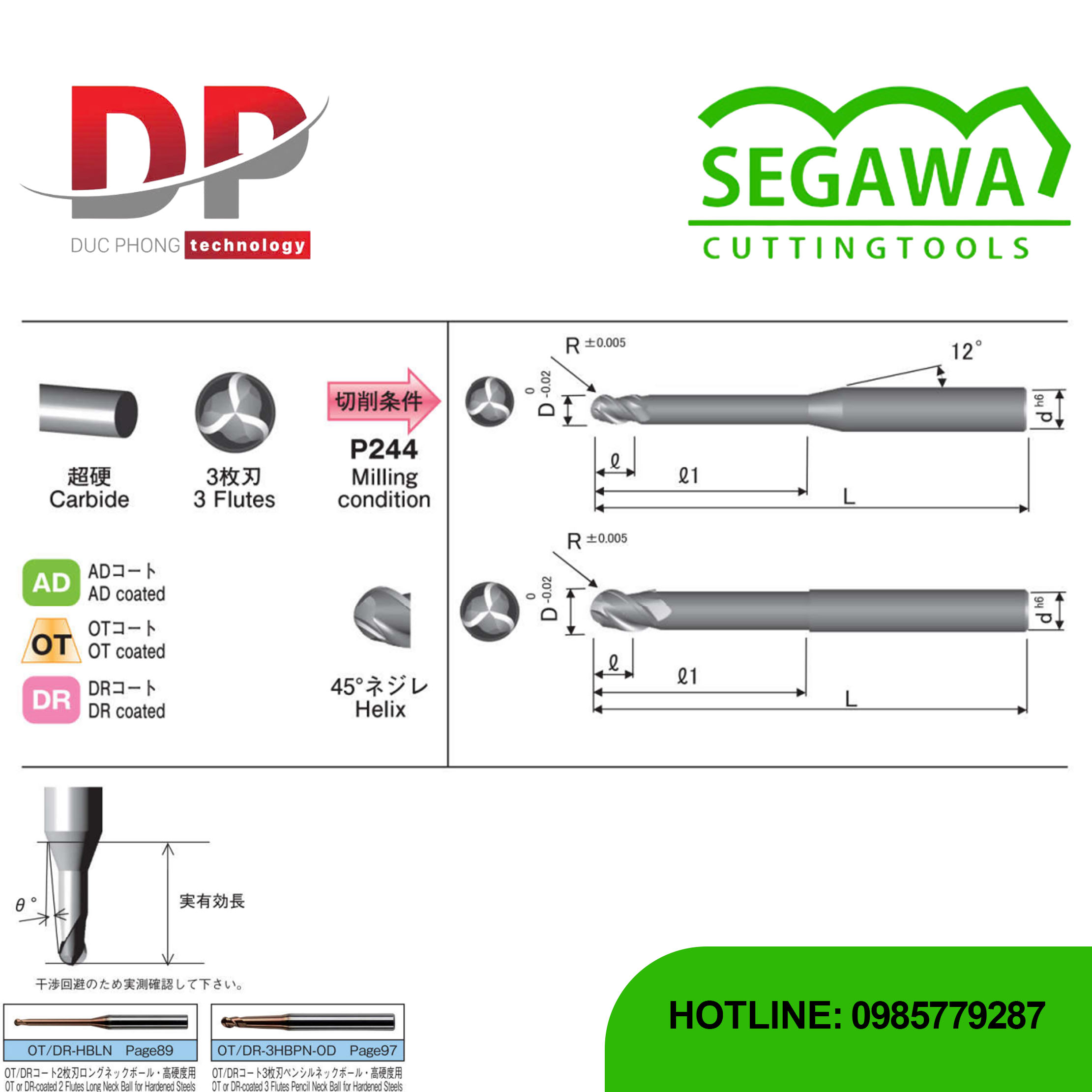 Dao phay ngón AD-3HBLN-OD, OT-3HBLN-OD và DR-3HBLN-OD đầu cầu cổ dài Carbide 3 me - Segawa