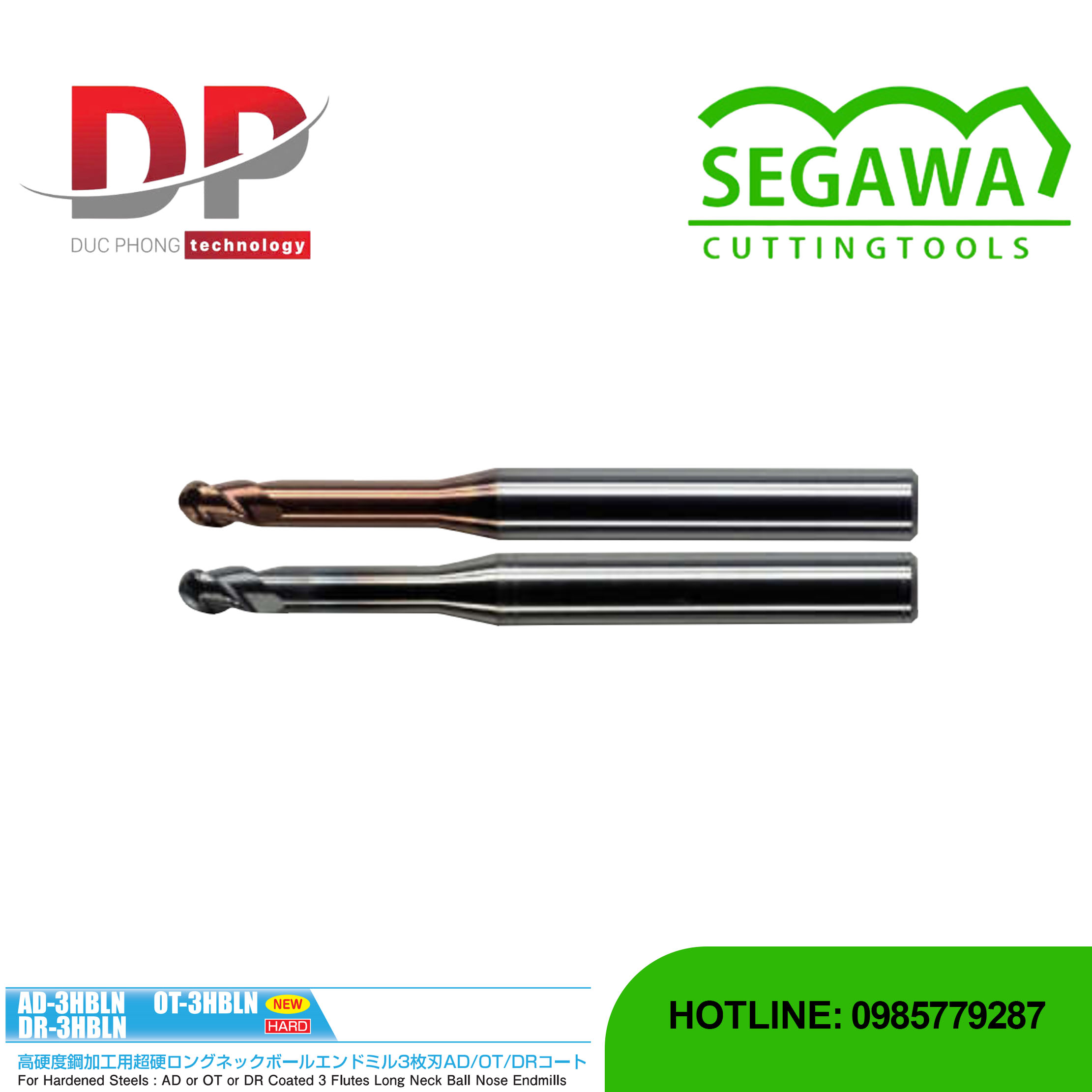 Dao phay ngón AD-3HBLN, OT-3HBLN và DR-3HBLN đầu cầu cổ dài Carbide 3 me - Segawa