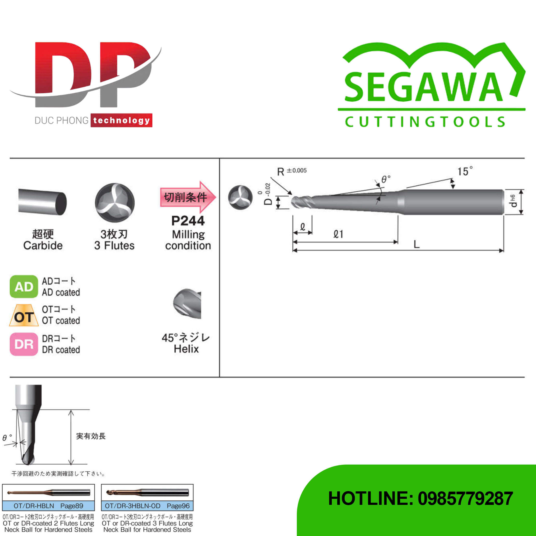 Dao phay ngón AD-3HBPN-OD, OT-3HBPN-OD và DR-3HBPN-OD Carbide 3 me - Segawa