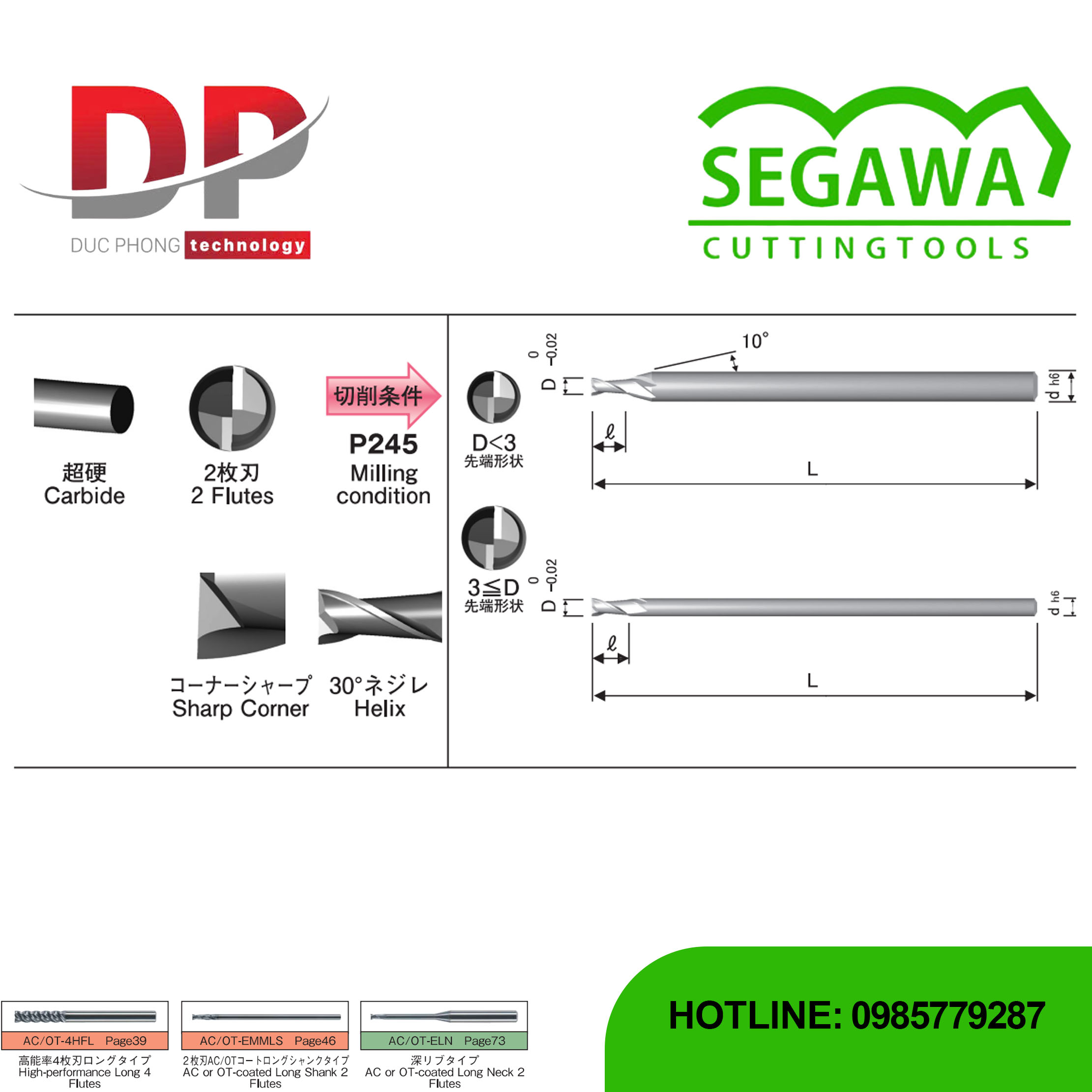 Dao phay ngón AEMM Carbide 2 me không phủ - Segawa