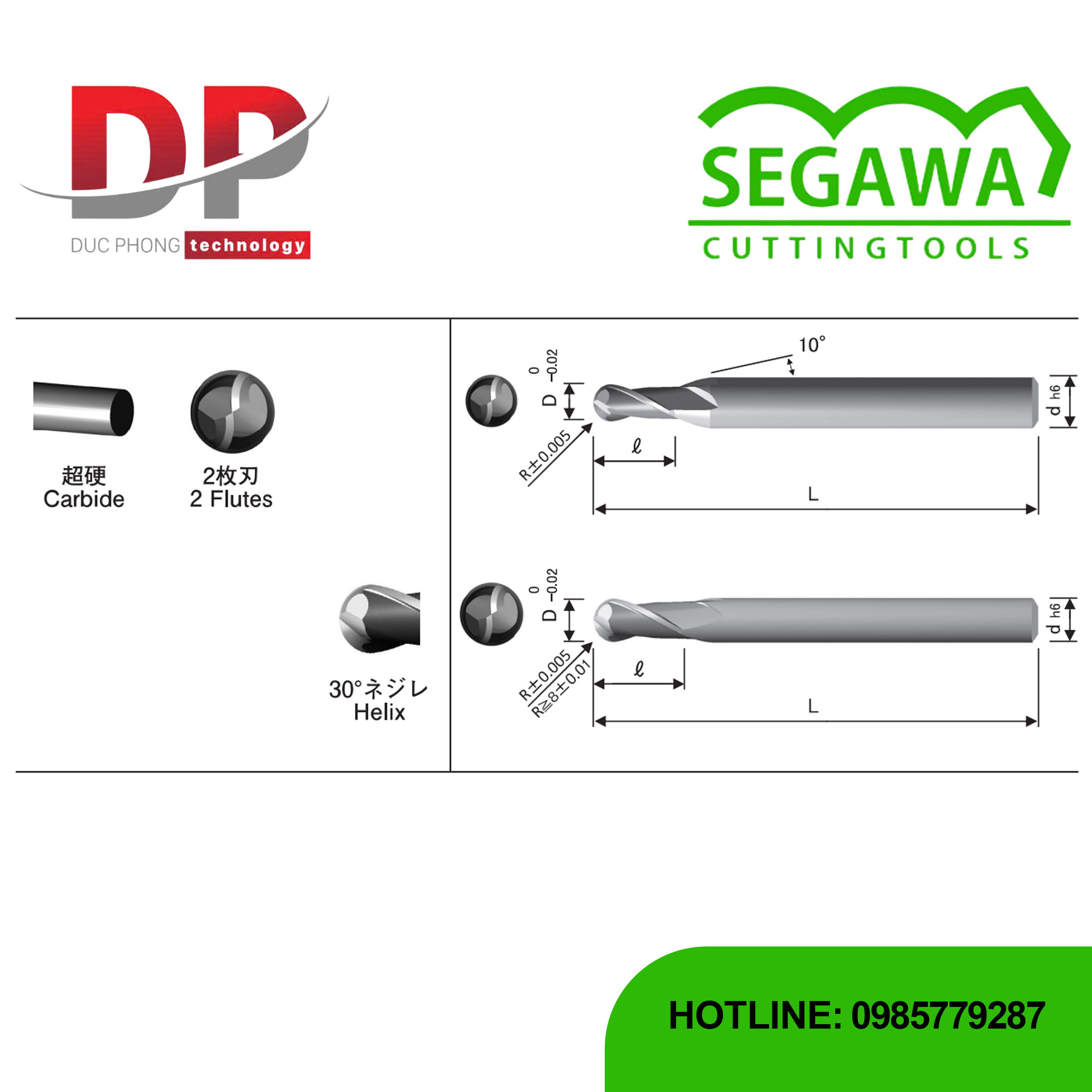 Dao phay ngón BMM đầu cầu ngắn Carbide 2 me - Segawa