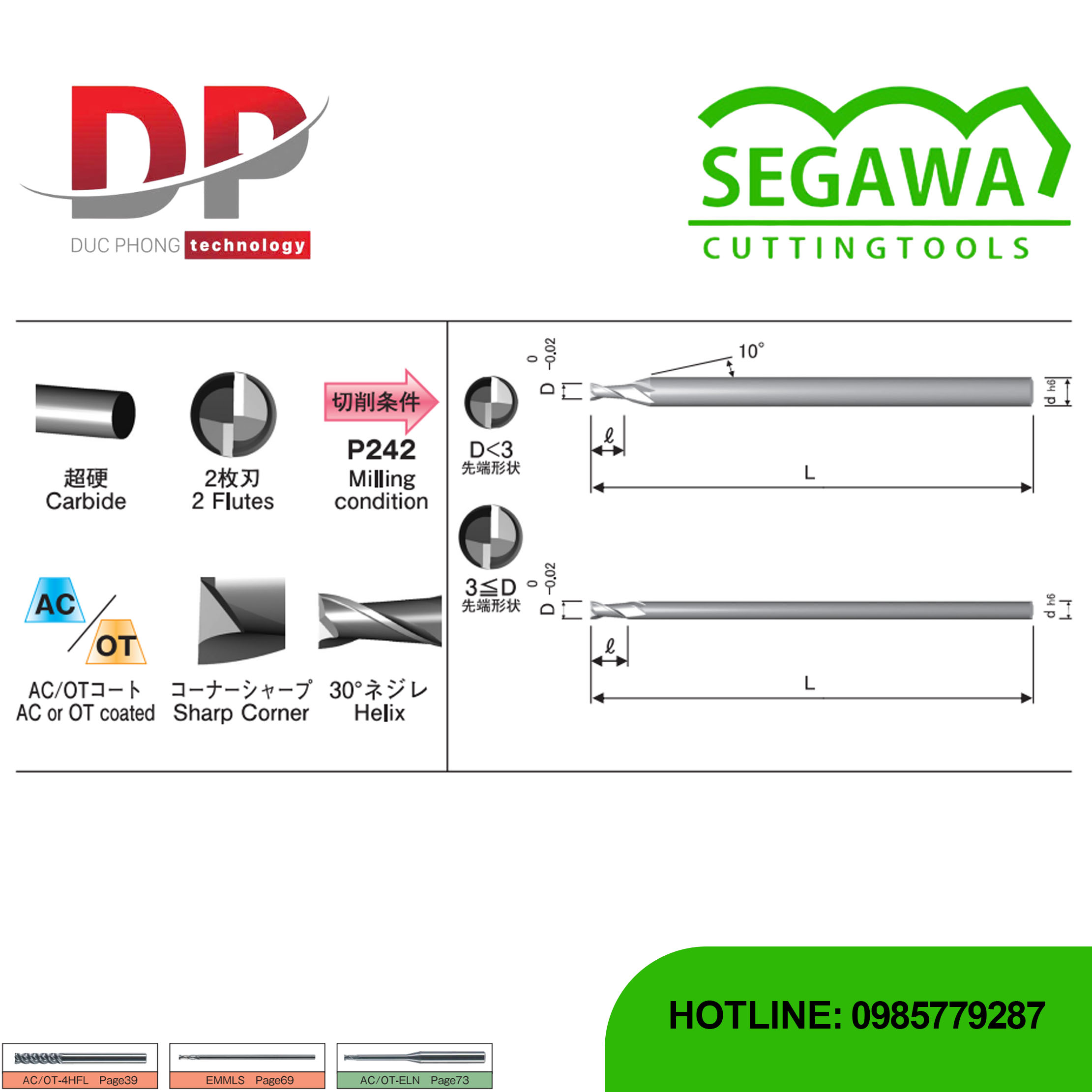 Dao phay ngón cán dài Carbide 2 me có phủ AC hoặc OT - Segawa (AC-EMMLS và OT-EMMLS)