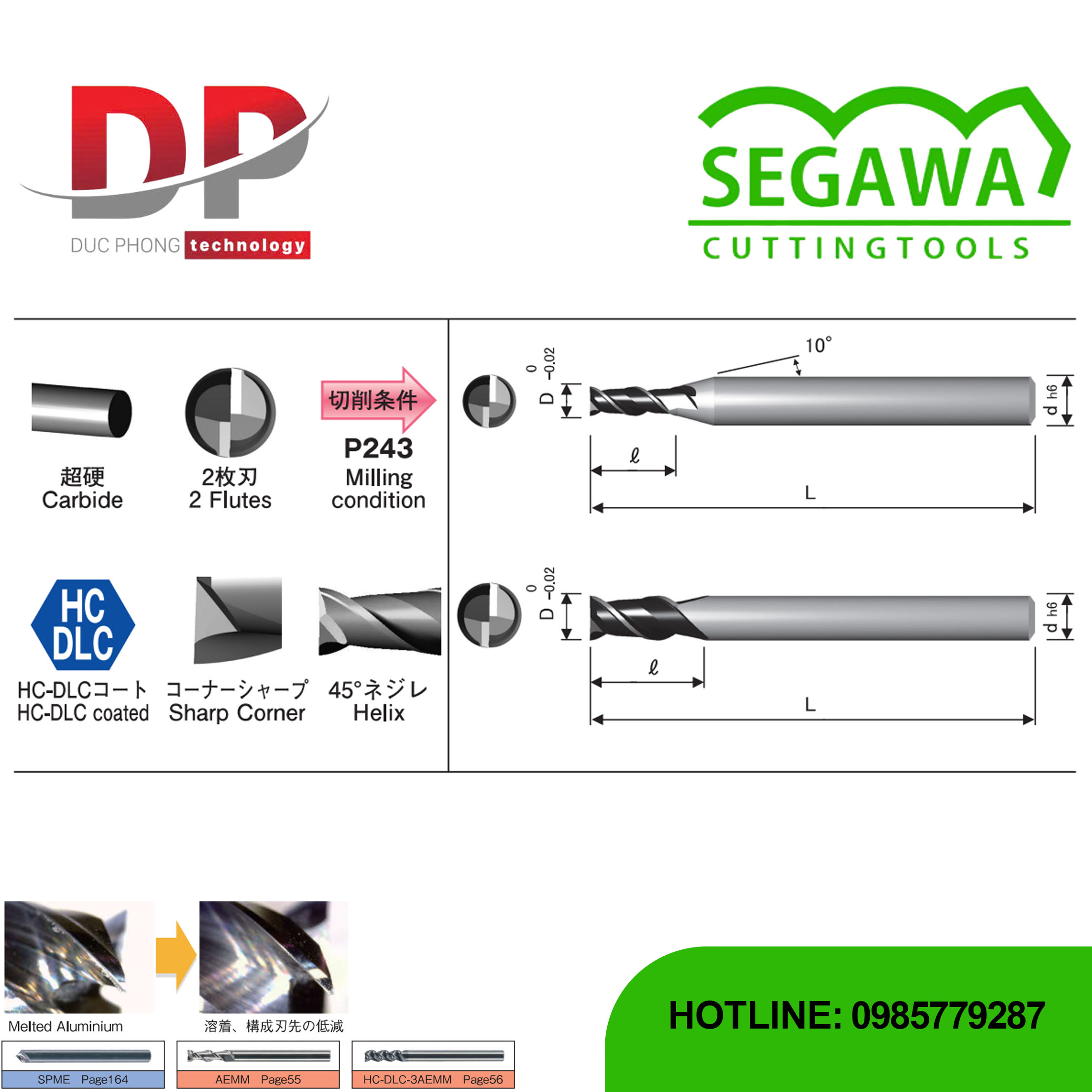 Dao phay ngón Carbide 2 me có phủ HC-DLC - Segawa (HC-DLC-AEMM)