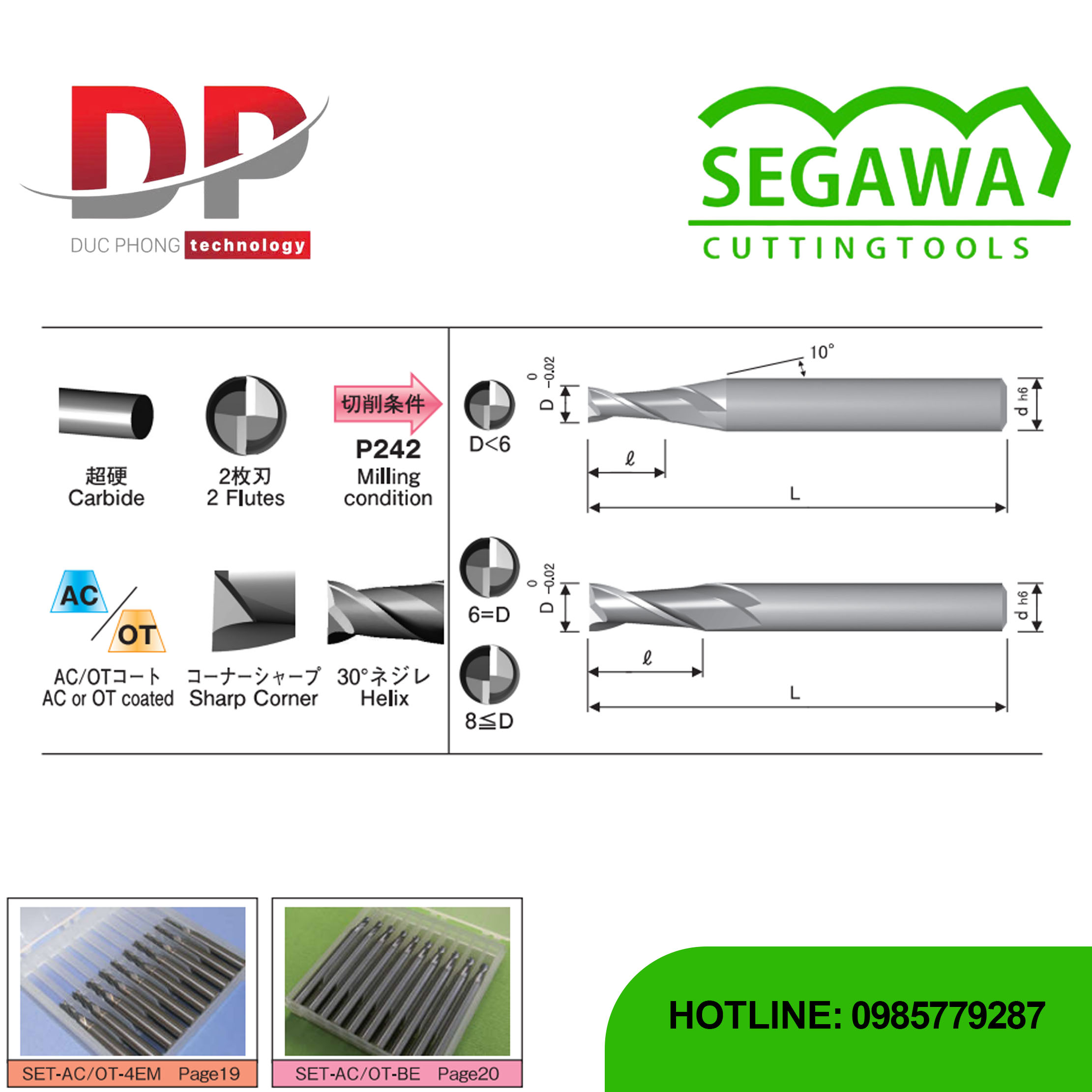 Dao phay ngón Carbide 2 me - Segawa (SET AC EM - SET OT EM)