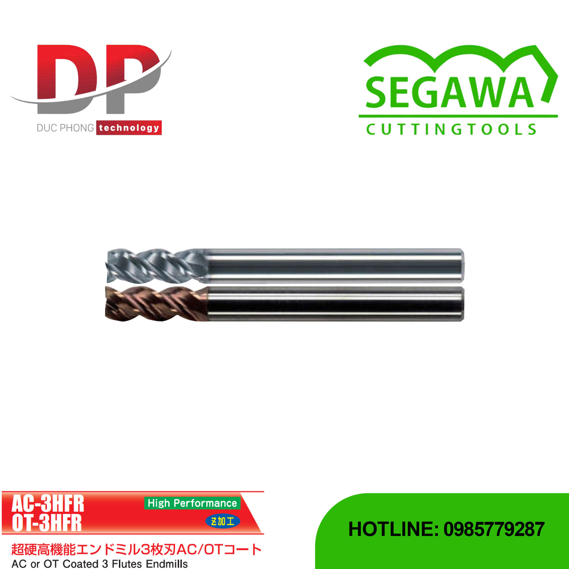 Dao phay ngón Carbide 3 me có phủ AC hoặc OT - Segawa (AC-3HFR và OT-3HFR)