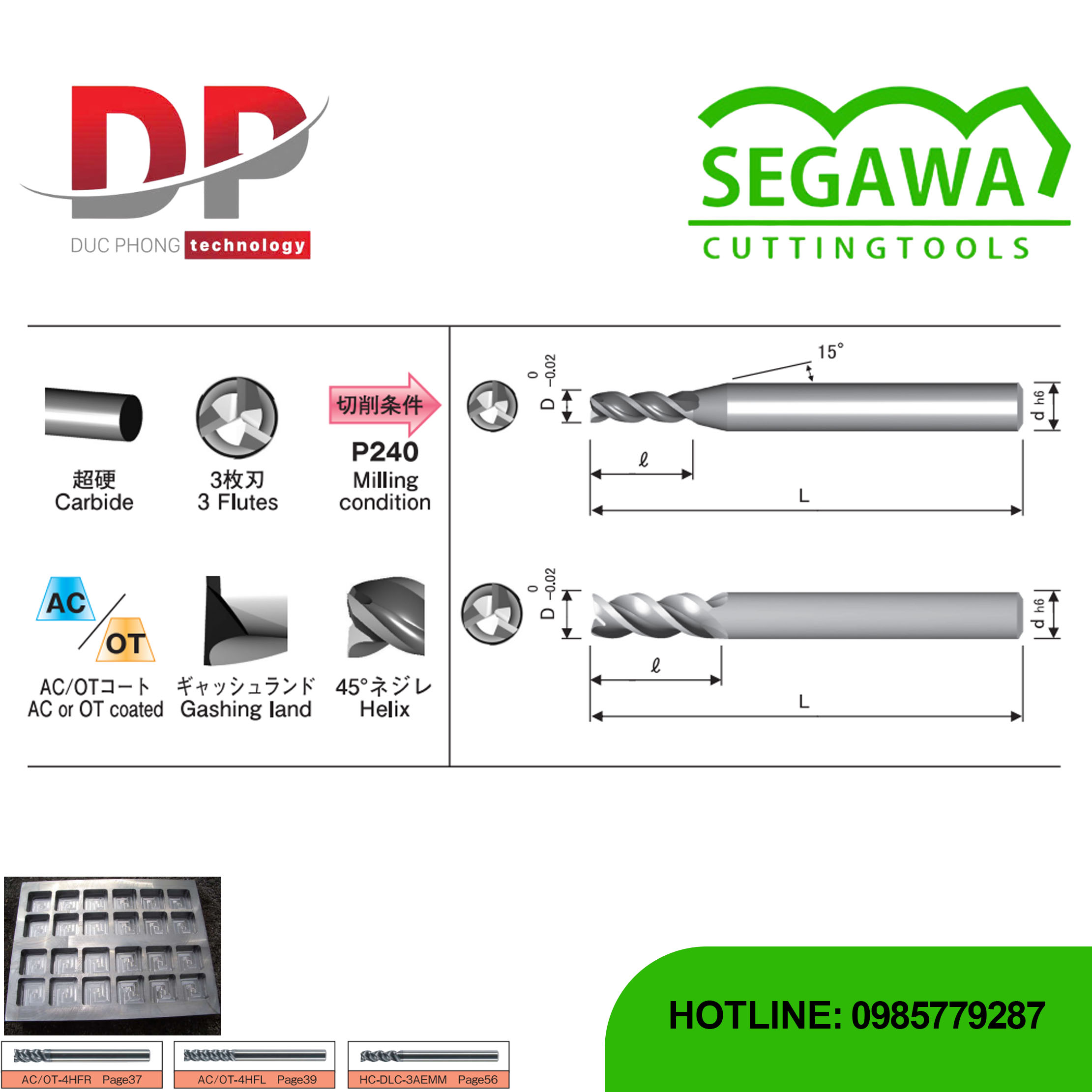 Dao phay ngón Carbide 3 me có phủ AC hoặc OT - Segawa (AC-3HFR và OT-3HFR)