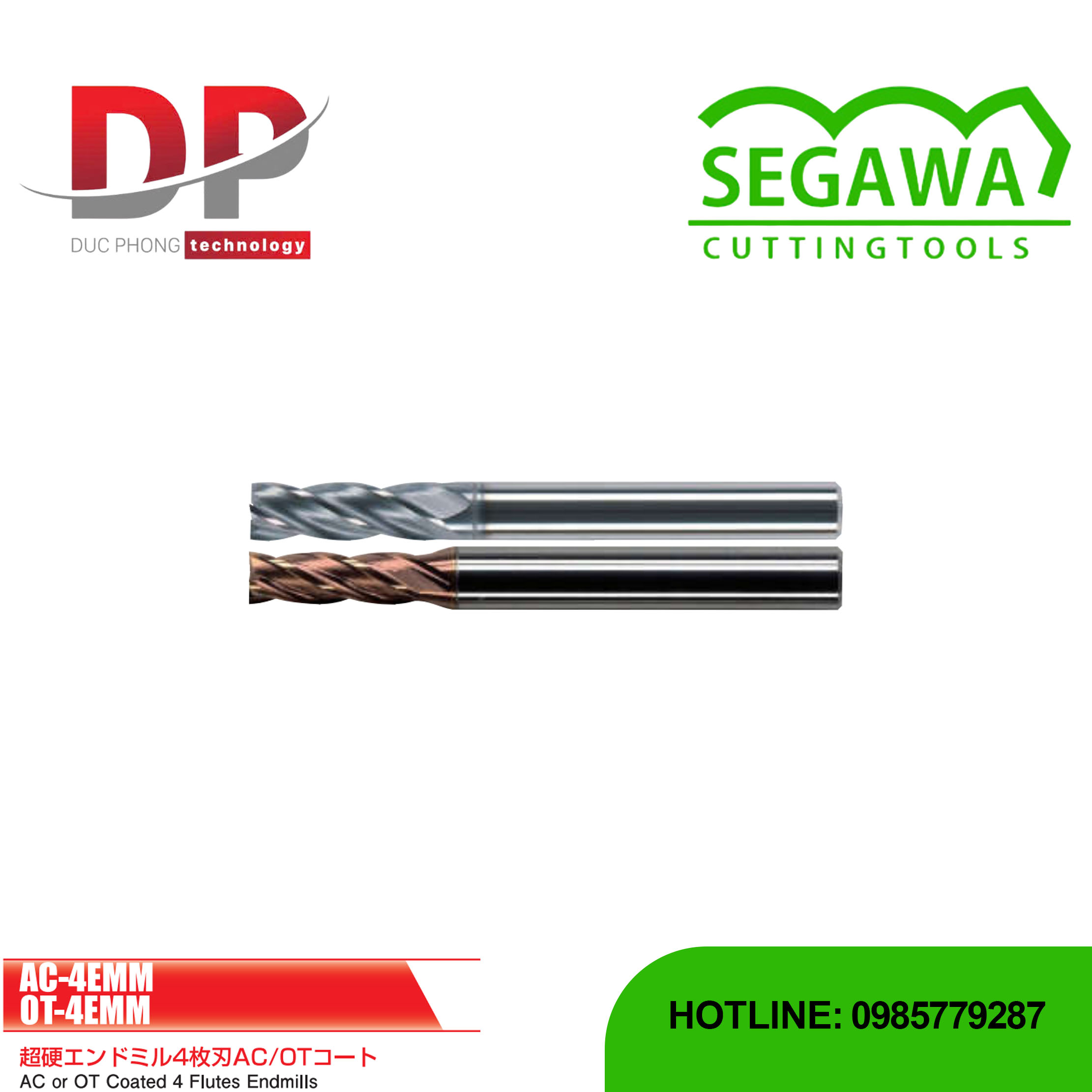 Dao phay ngón Carbide 4 me có phủ AC hoặc OT - Segawa (AC-4EMM và OT-4EMM)
