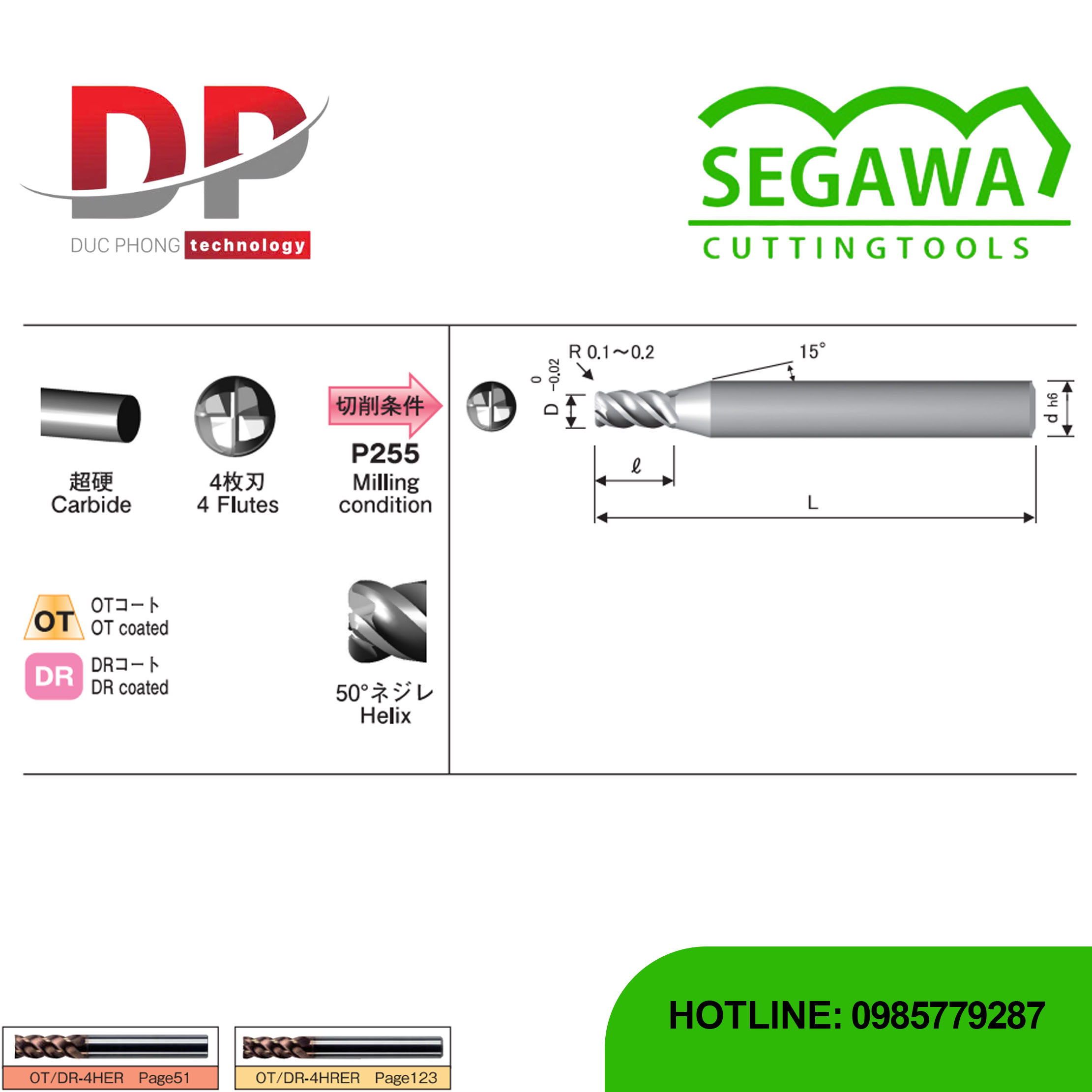 Dao phay ngón Carbide 4 dùng cho vật liệu có độ cứng cao me có phủ OT hoặc DR - Segawa (OT-4HESS và DR-4HESS)