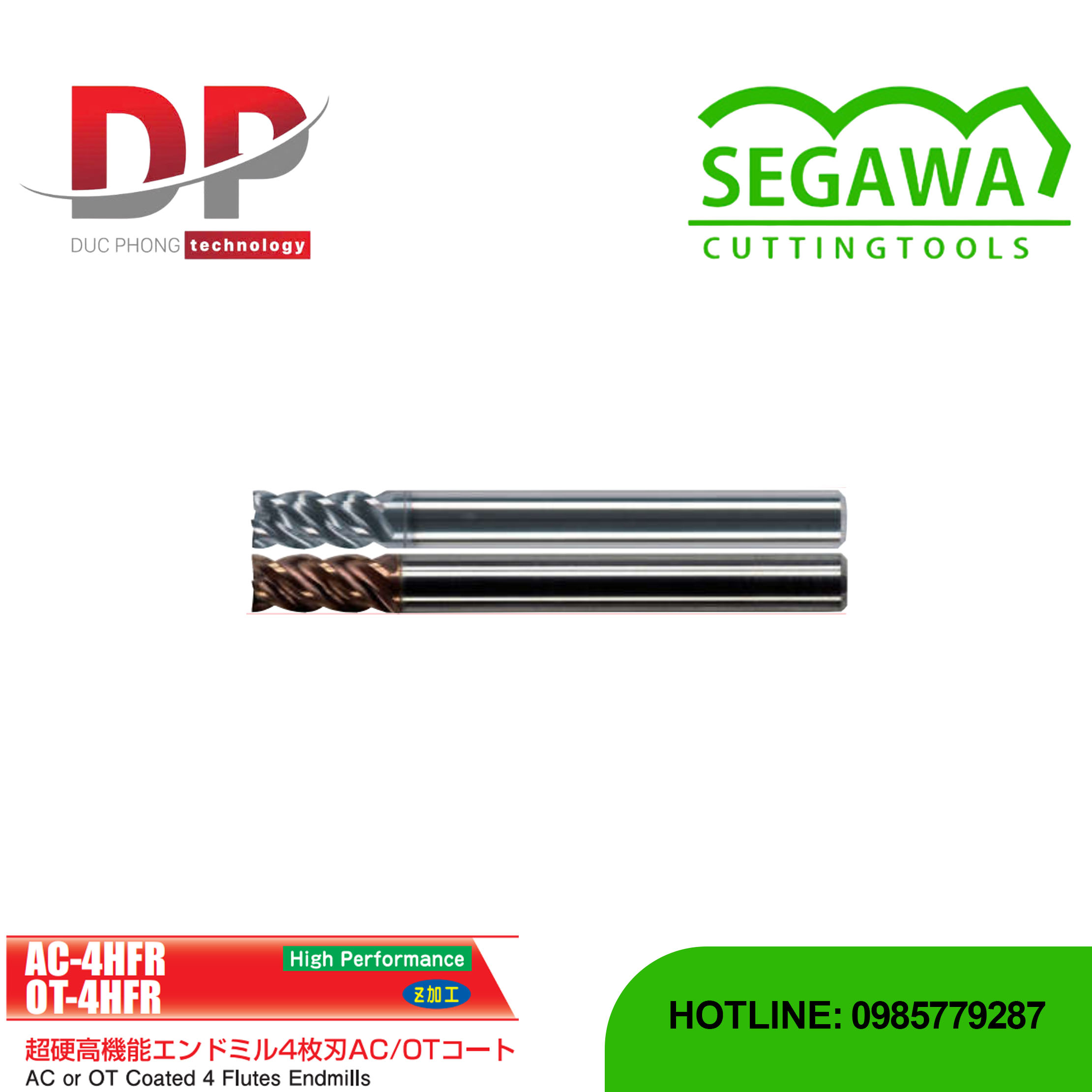 Dao phay ngón Carbide 4 me hiệu suất cao có phủ AC hoặc OT - Segawa (AC-4HFR và OT-4HFR)