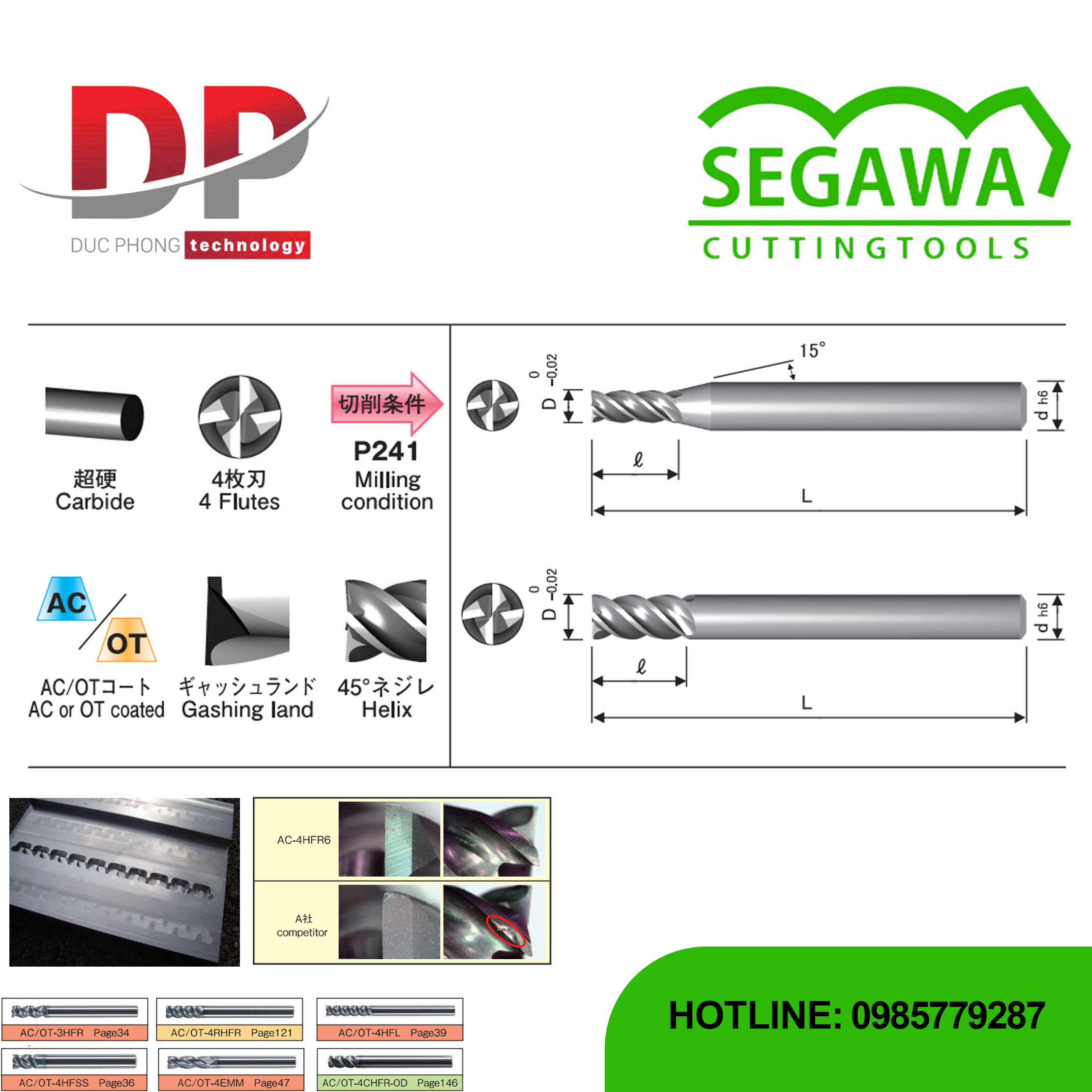 Dao phay ngón Carbide 4 me hiệu suất cao có phủ AC hoặc OT - Segawa (AC-4HFR và OT-4HFR)
