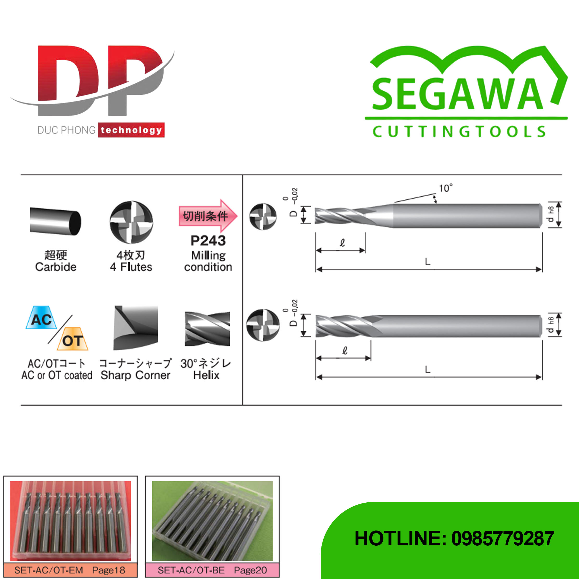 Dao phay ngón Carbide 4 me - Segawa (SET AC EM - SET OT EM)