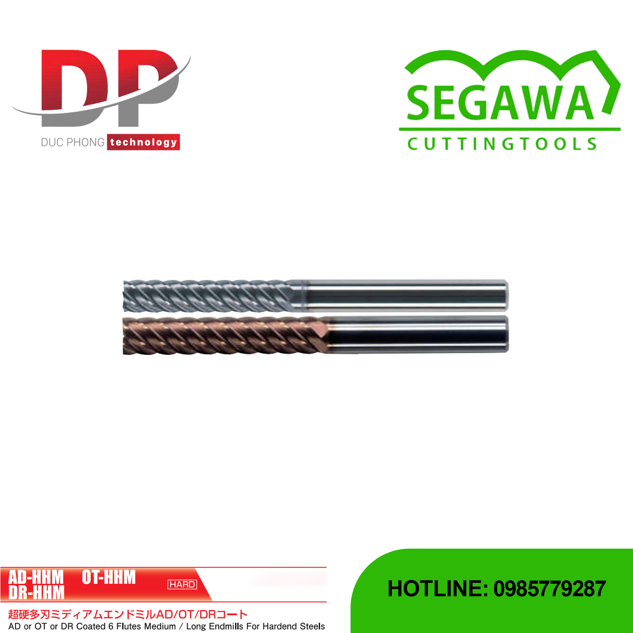Dao phay ngón Carbide 6 me cho thép cứng có phủ AD/OT/DR - Segawa (AD-HHM, OT-HHM, và DR-HHM)