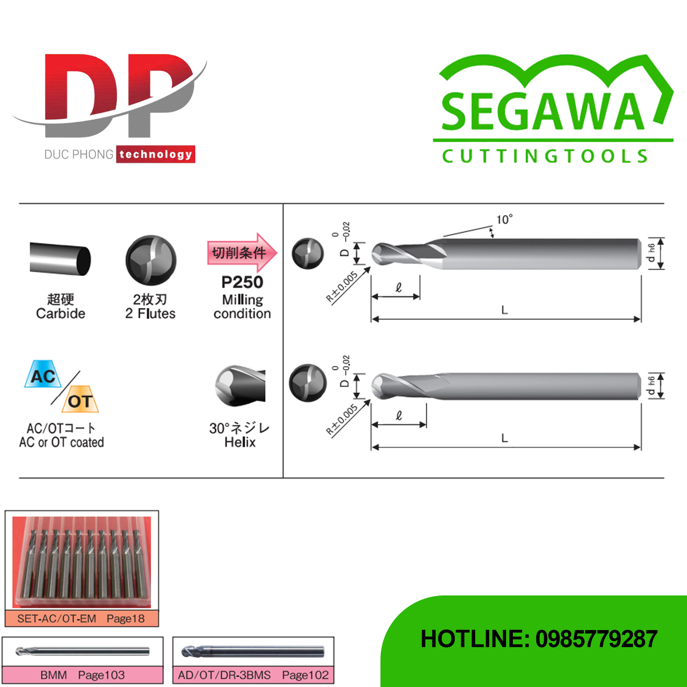Dao phay ngón cầu Carbide 2 me - Segawa (SET AC BE - SET OT BE)