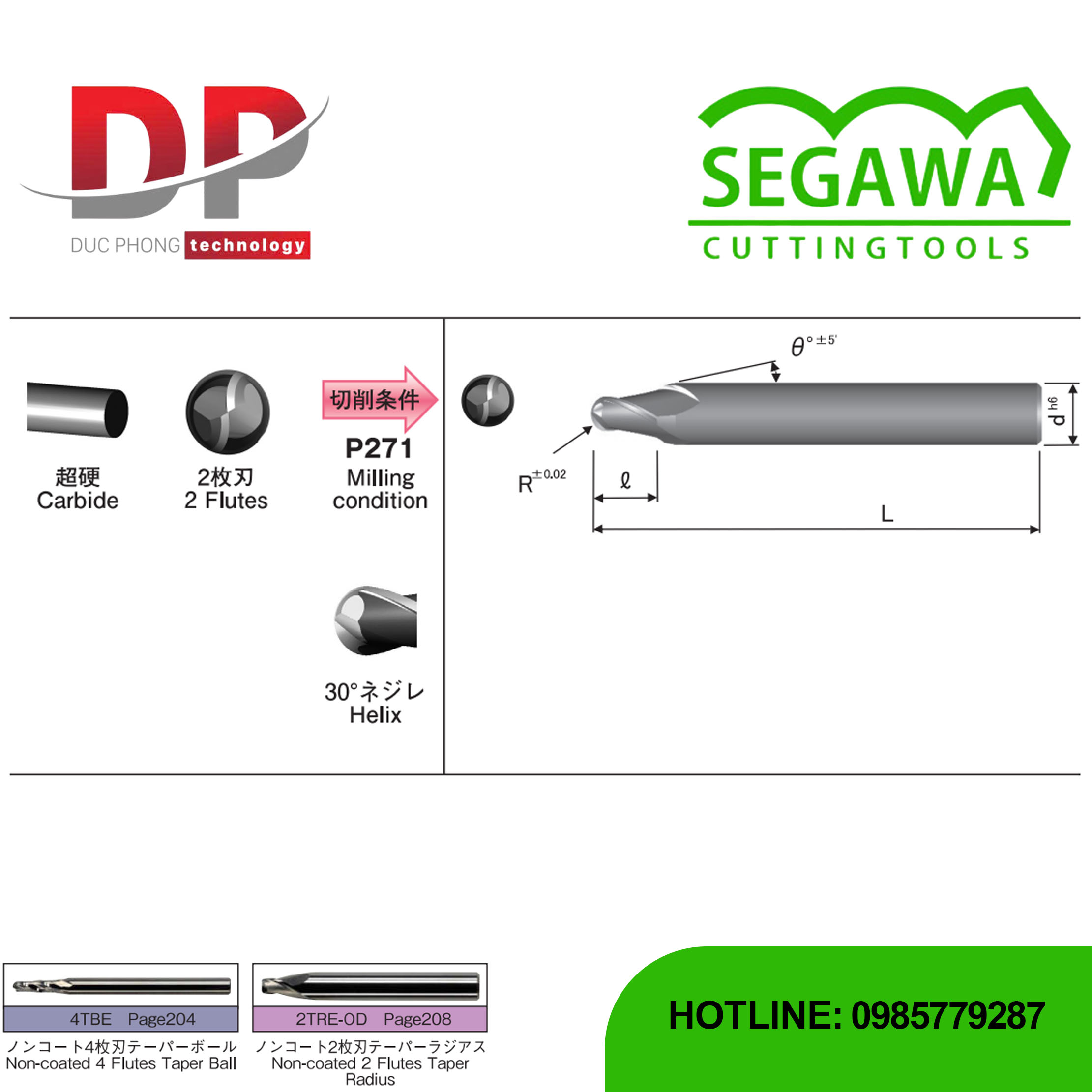 Dao phay ngón côn 2TBE Carbide 2 me - Segawa