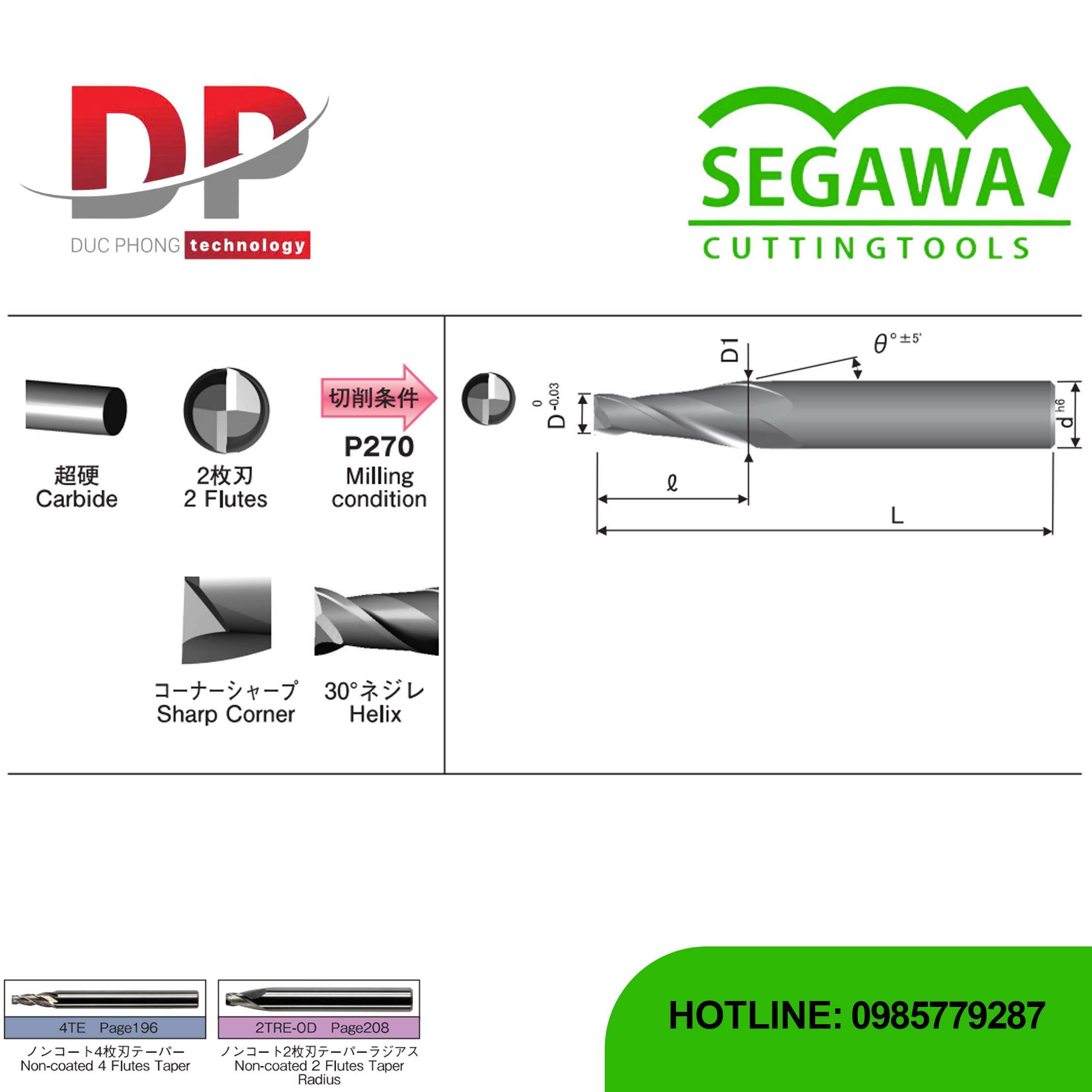 Dao phay ngón côn 2TE Carbide 2 me - Segawa