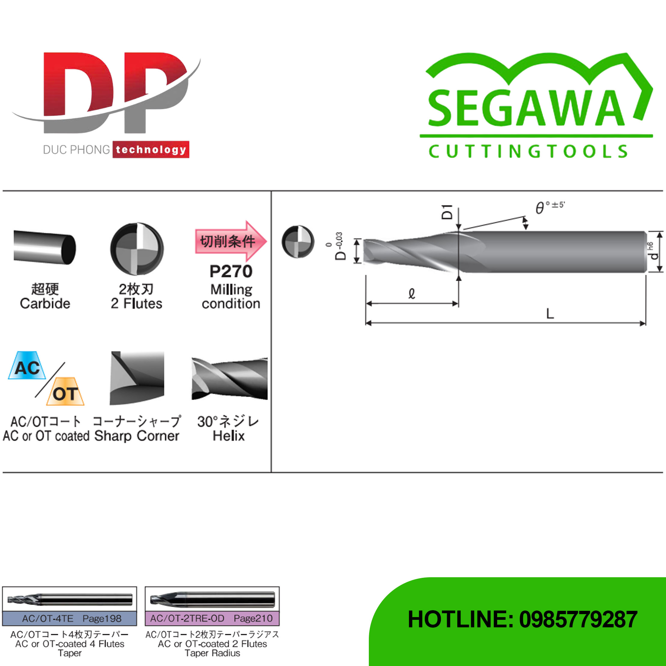 Dao phay ngón côn AC-2TE và OT-2TE Carbide 2 me - Segawa