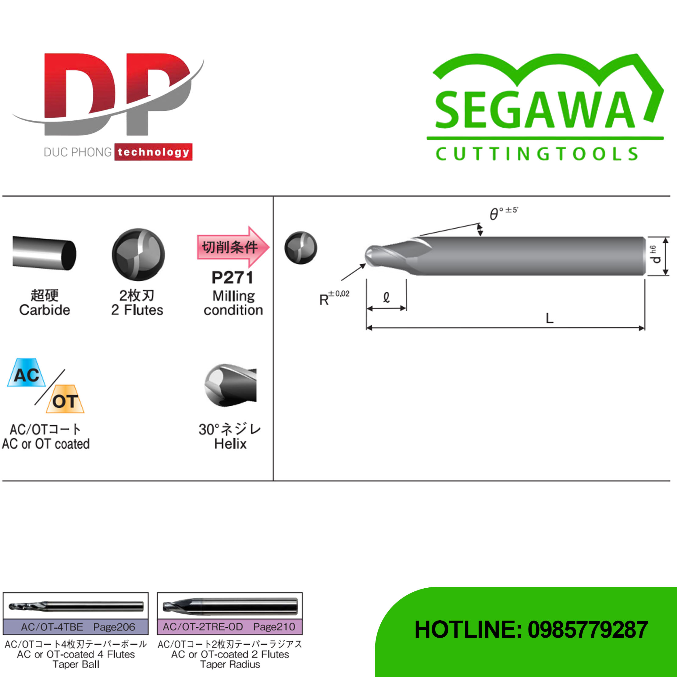 Dao phay ngón côn cầu AC-2TBE và OT-2TBE Carbide 2 me - Segawa