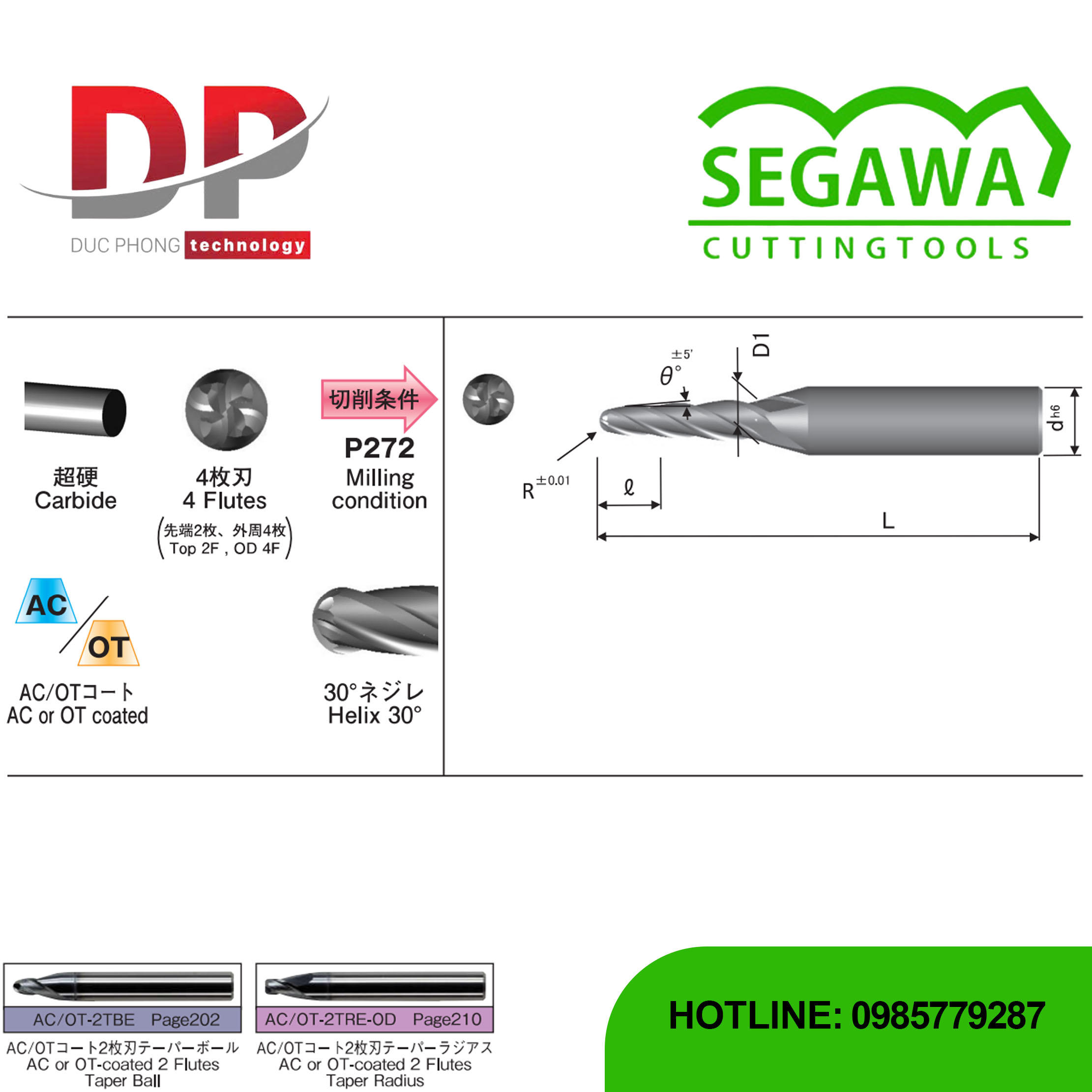 Dao phay ngón côn cầu AC-4TBE hoặc OT-4TBE Carbide 4 me - Segawa