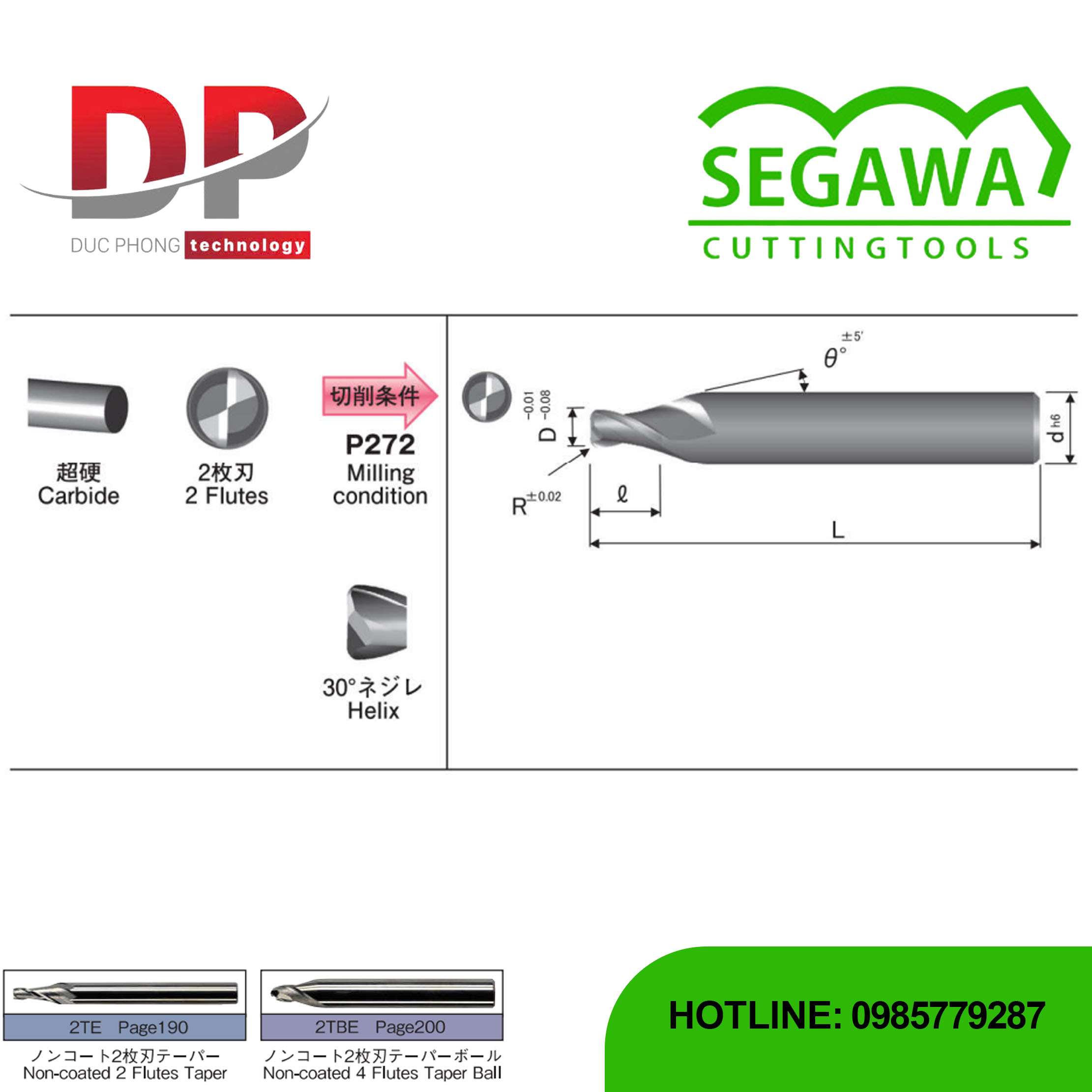 Dao phay ngón côn góc 2TRE-OD Carbide 2 me - Segawa