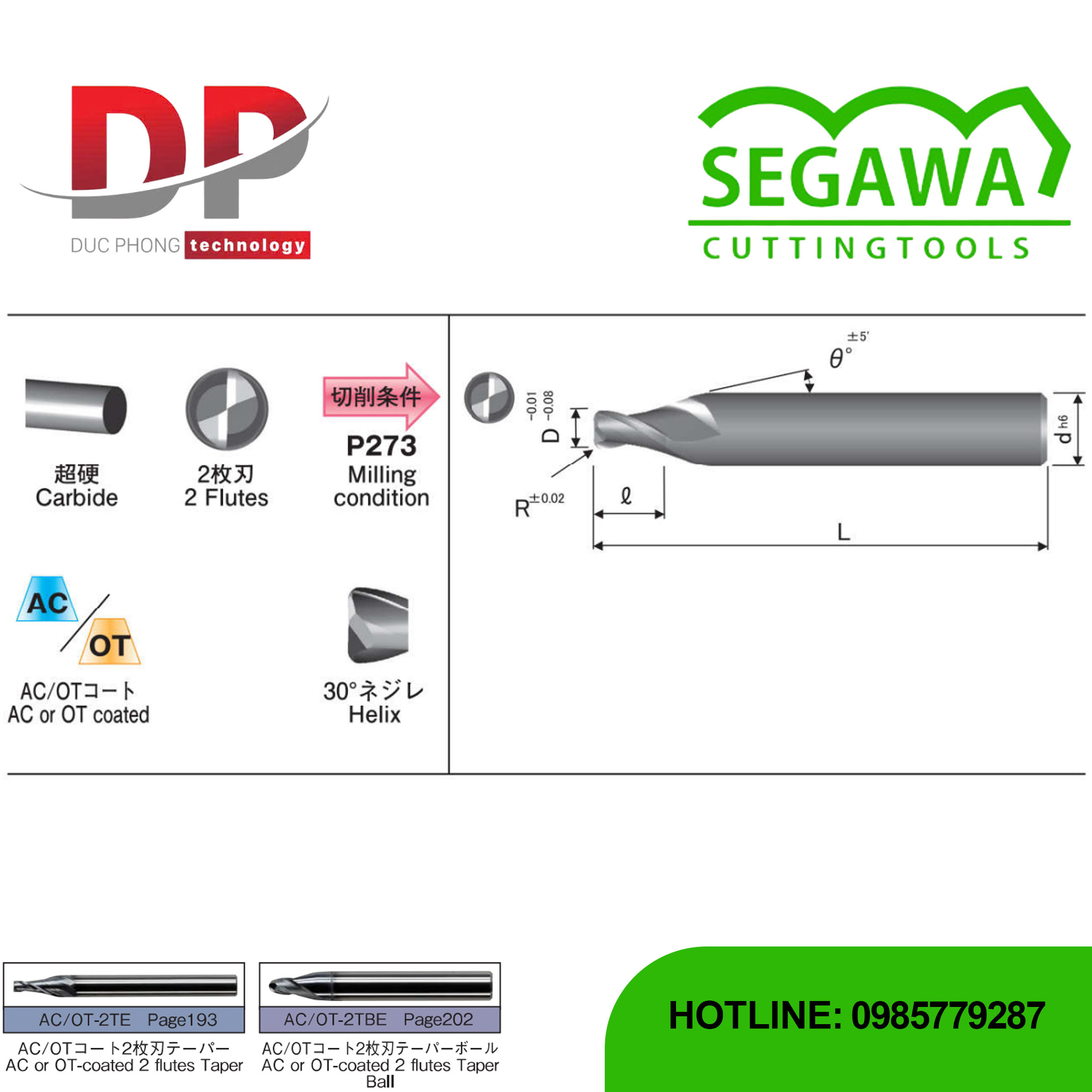Dao phay ngón côn góc AC-2TRE-OD hoặc OT-2TRE-OD Carbide 2 me - Segawa