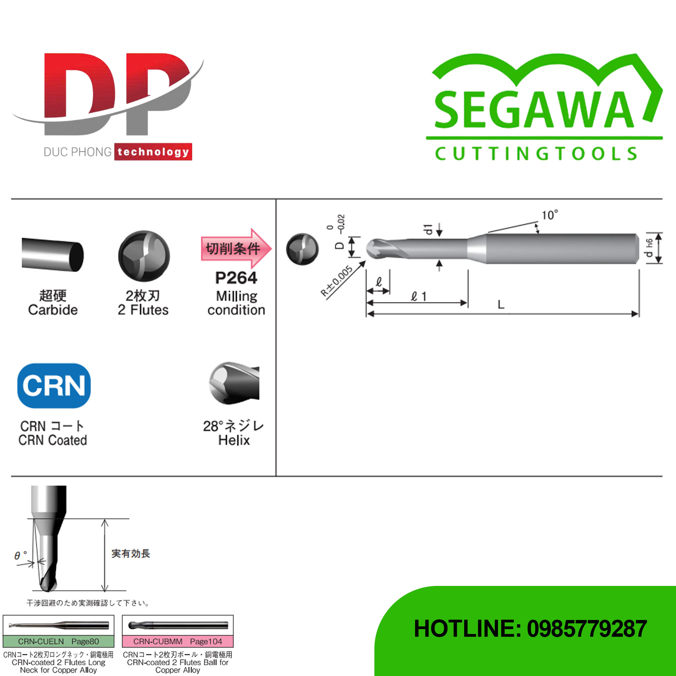 Dao phay ngón CRN-CUBLN đầu cầu cổ dài Carbide 2 me phủ CRN - Segawa