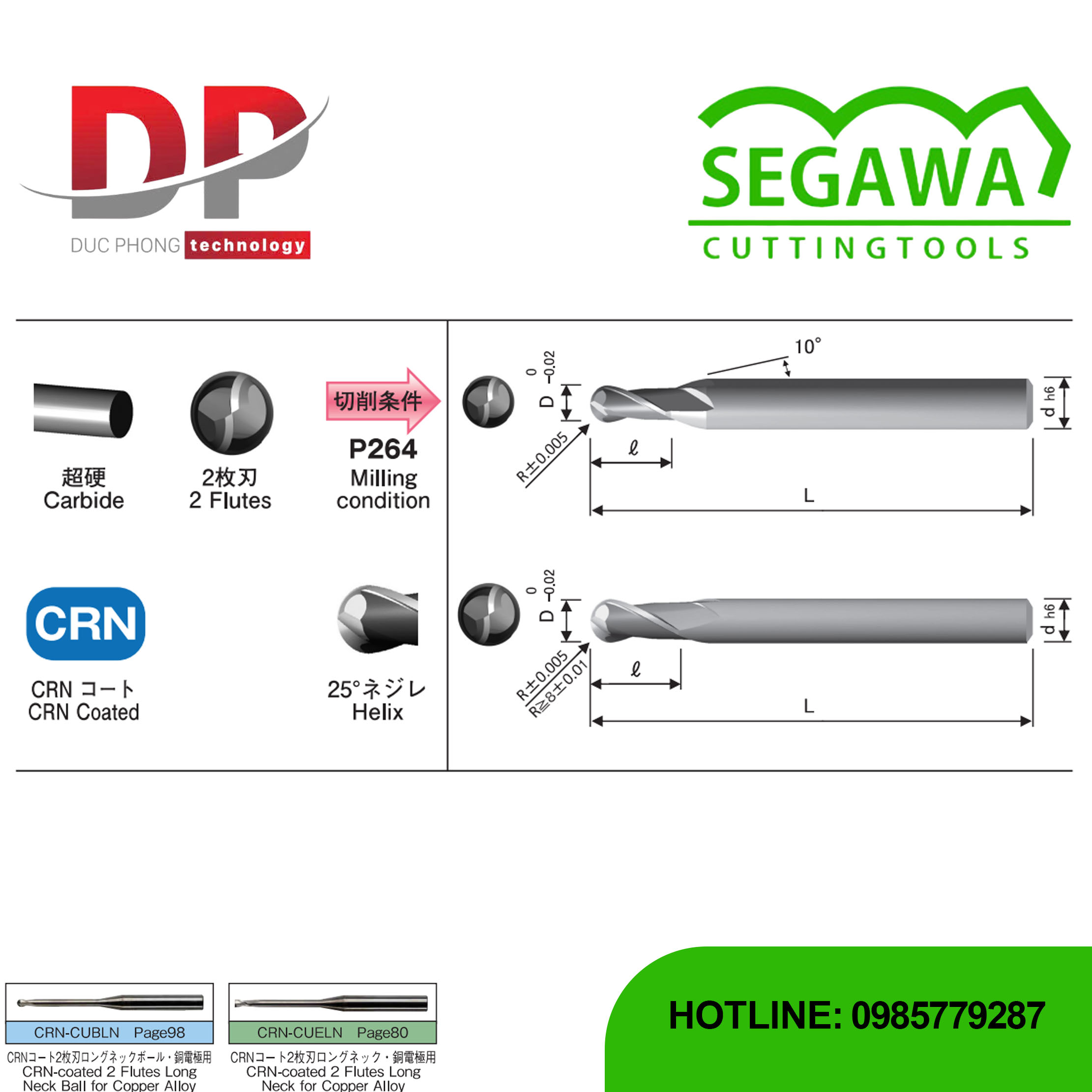 Dao phay ngón CRN-CUBMM đầu cầu ngắn Carbide 2 me - Segawa