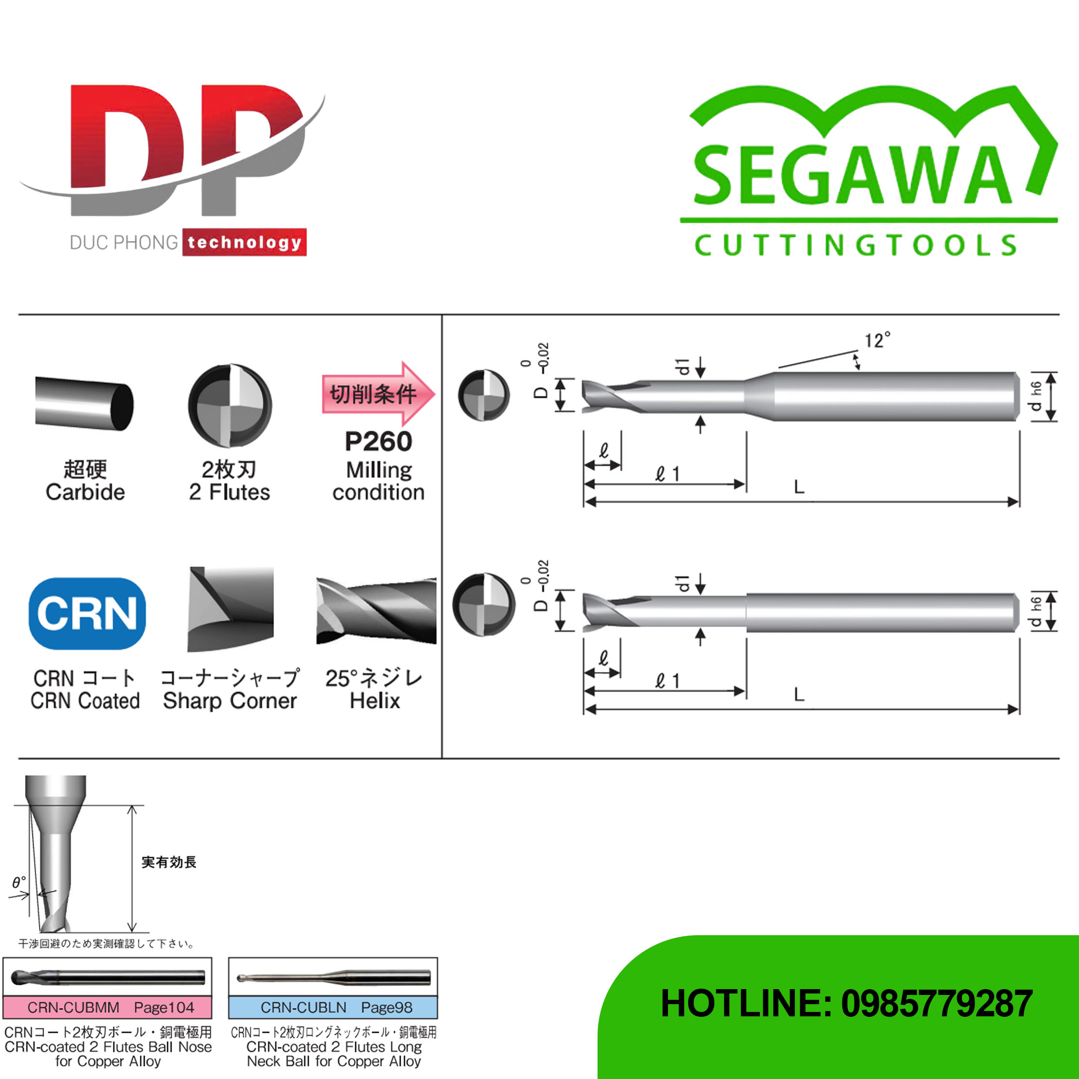 Dao phay ngón CRN-CUELN cổ dài Carbide 2 me có phủ CRN - Segawa