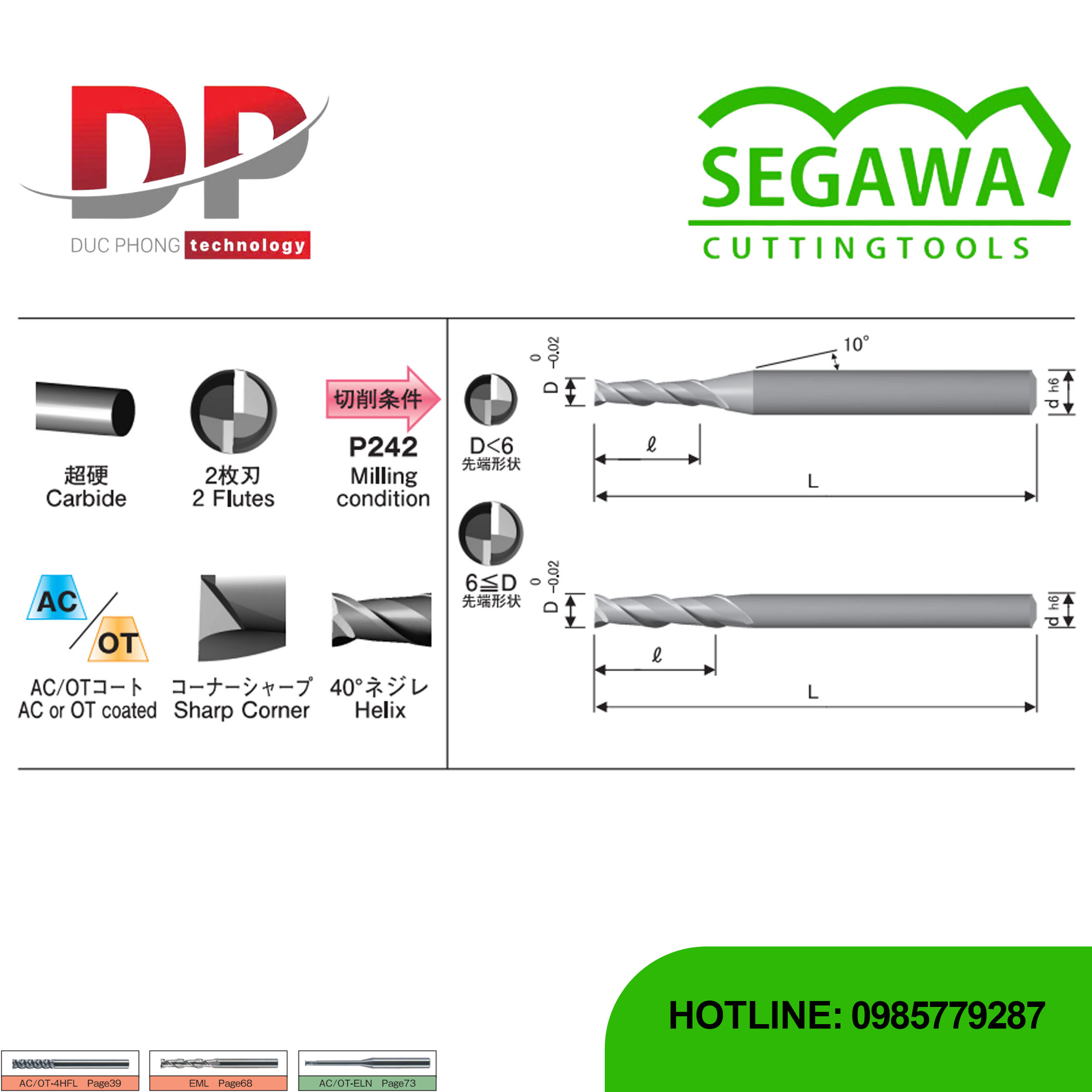 Dao phay ngón dài Carbide 2 me có phủ AC hoặc OT - Segawa (AC-EML và OT-EML)
